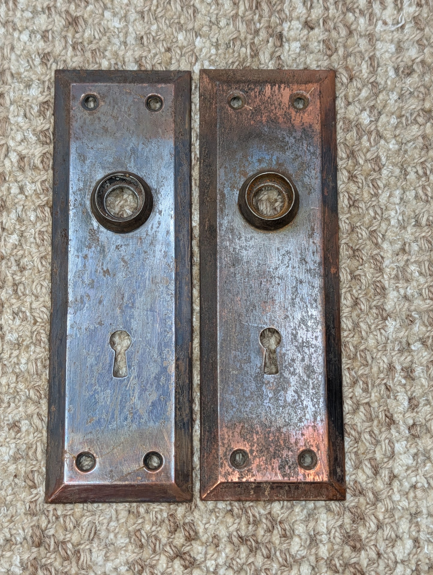 Pair 2 1/4" x 7" Antique Japanned Stamped Steel Door Knob Plates