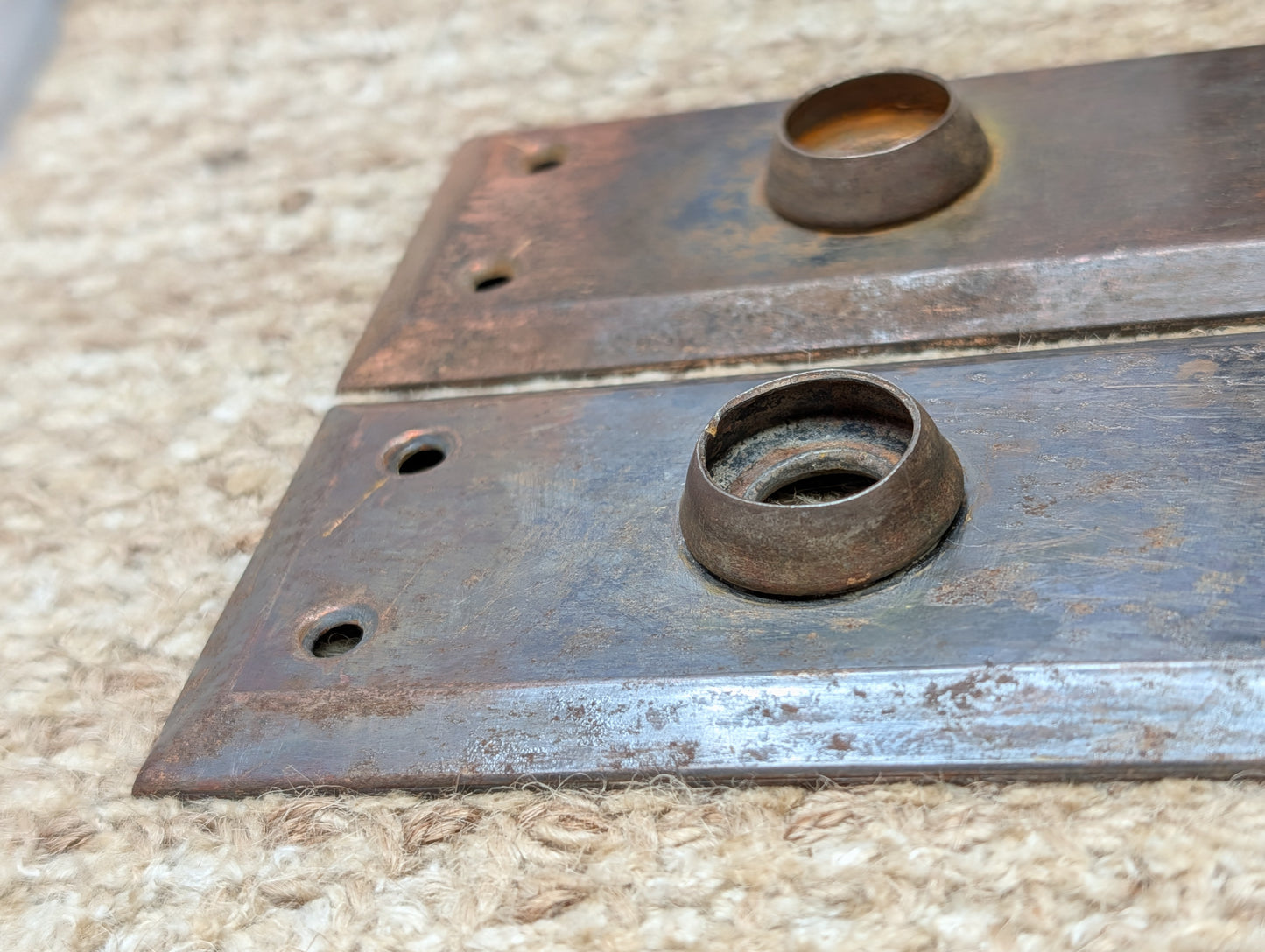 Pair 2 1/4" x 7" Antique Japanned Stamped Steel Door Knob Plates