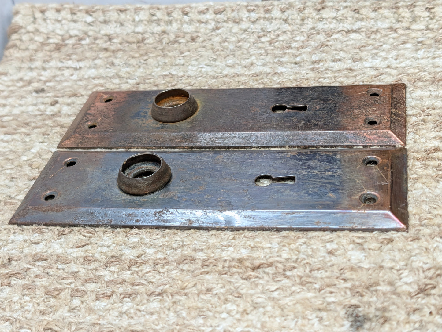 Pair 2 1/4" x 7" Antique Japanned Stamped Steel Door Knob Plates