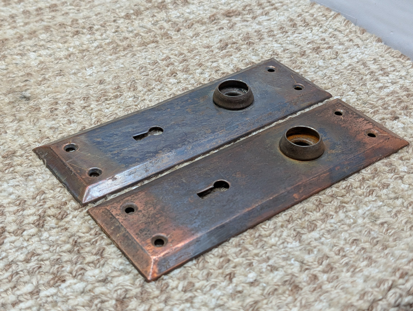 Pair 2 1/4" x 7" Antique Japanned Stamped Steel Door Knob Plates