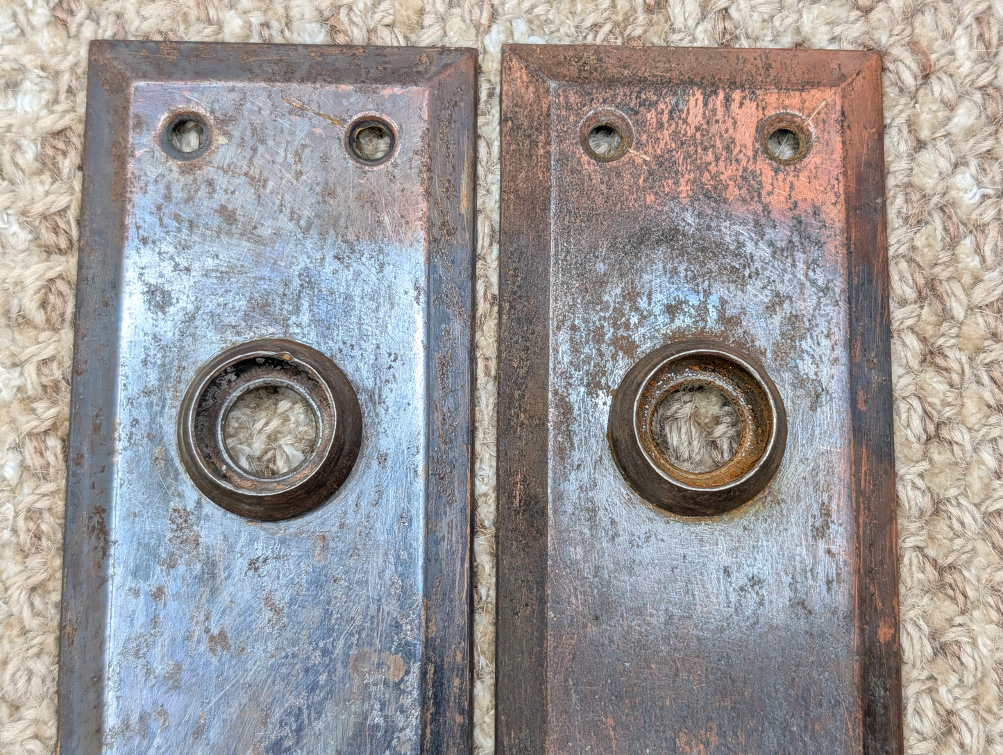 Pair 2 1/4" x 7" Antique Japanned Stamped Steel Door Knob Plates
