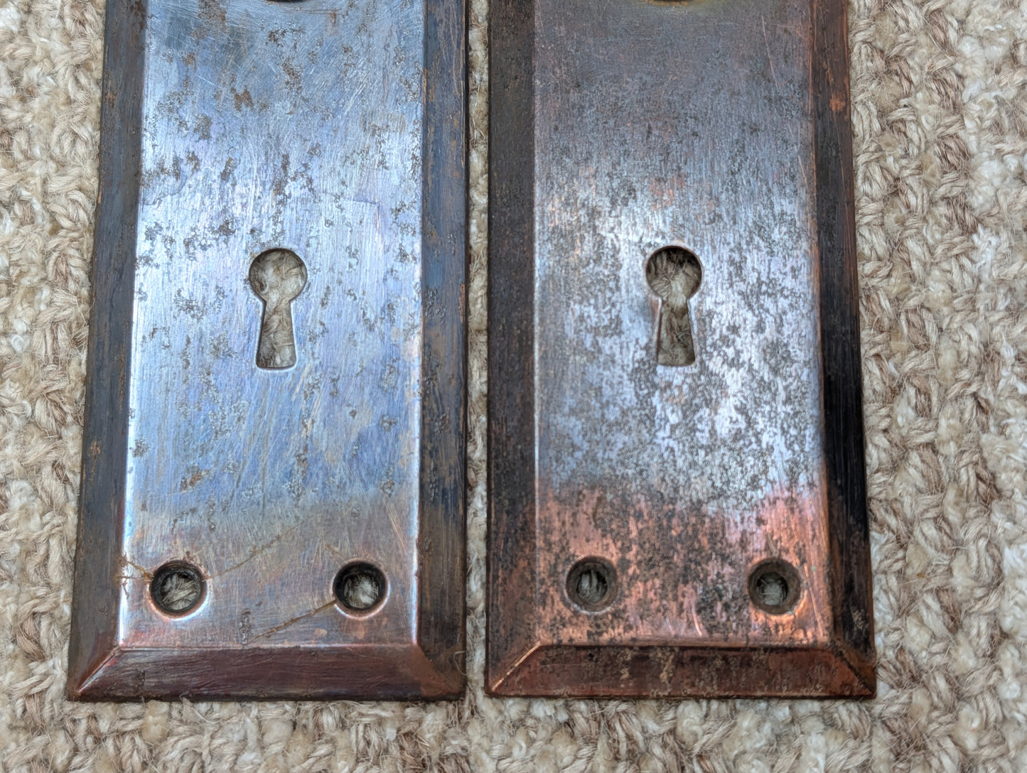Pair 2 1/4" x 7" Antique Japanned Stamped Steel Door Knob Plates