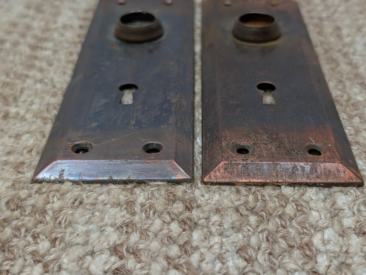 Pair 2 1/4" x 7" Antique Japanned Stamped Steel Door Knob Plates