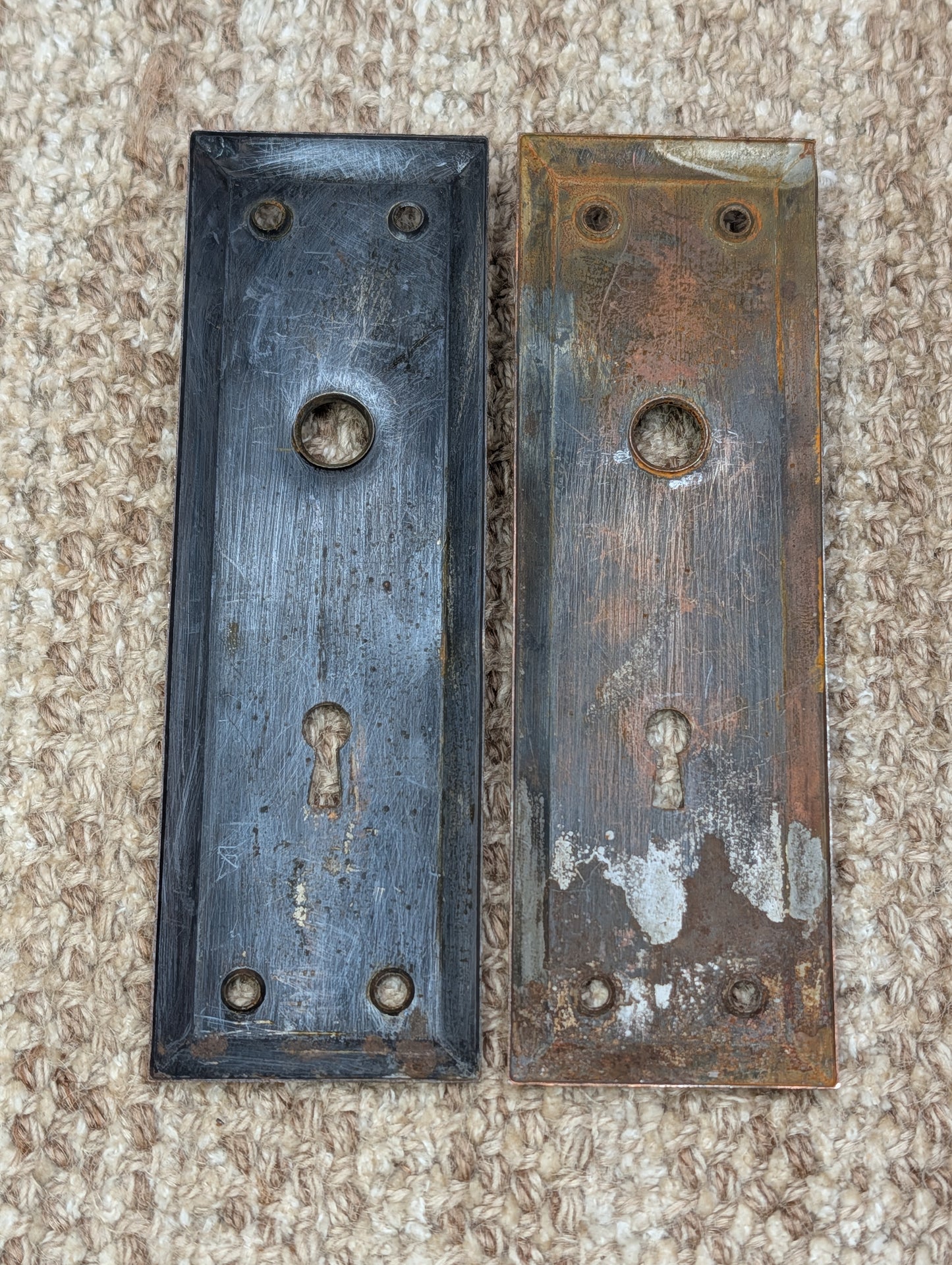 Pair 2 1/4" x 7" Antique Japanned Stamped Steel Door Knob Plates