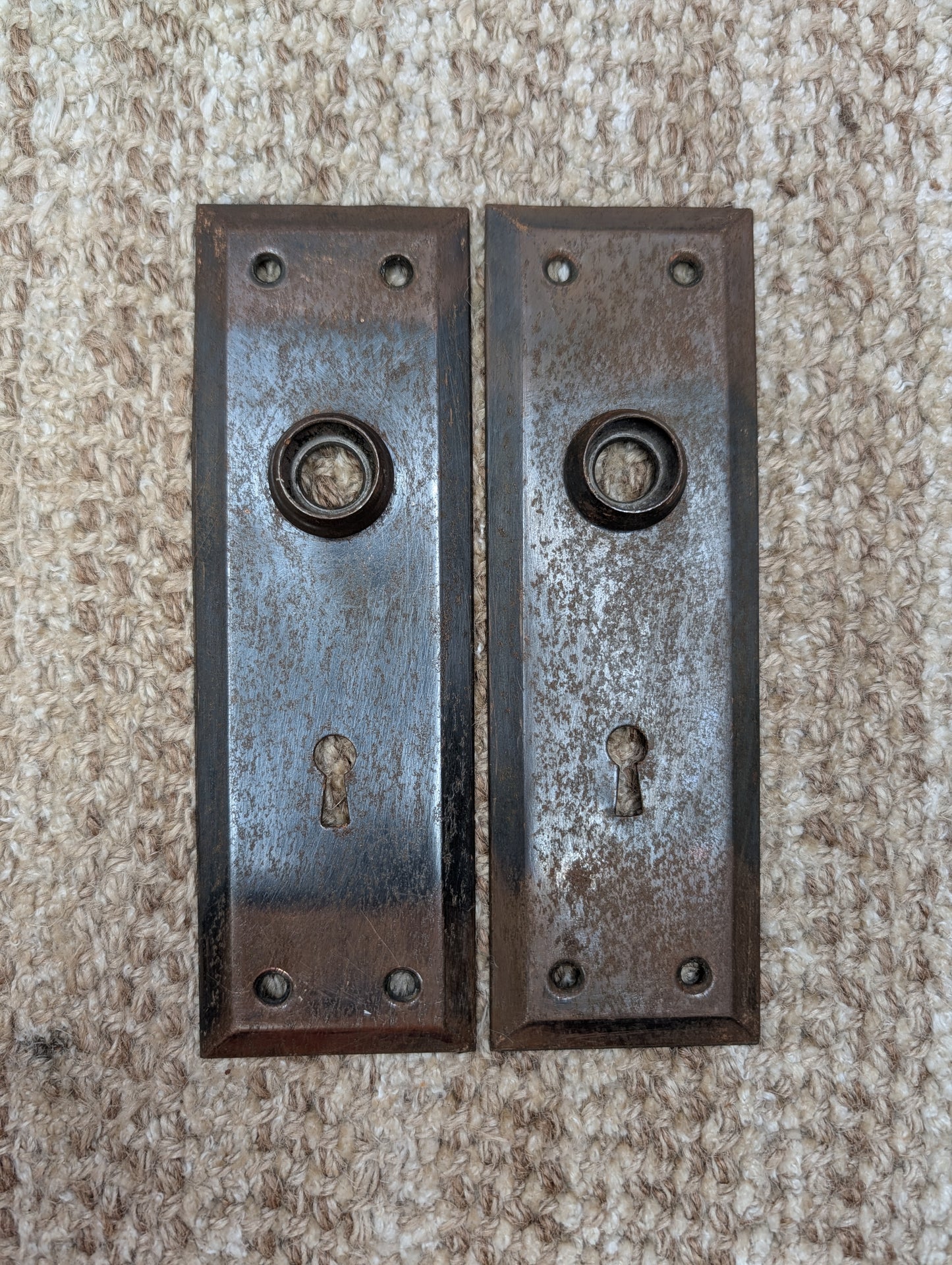 Pair 2 1/4" x 7" Antique Japanned Stamped Steel Door Knob Plates