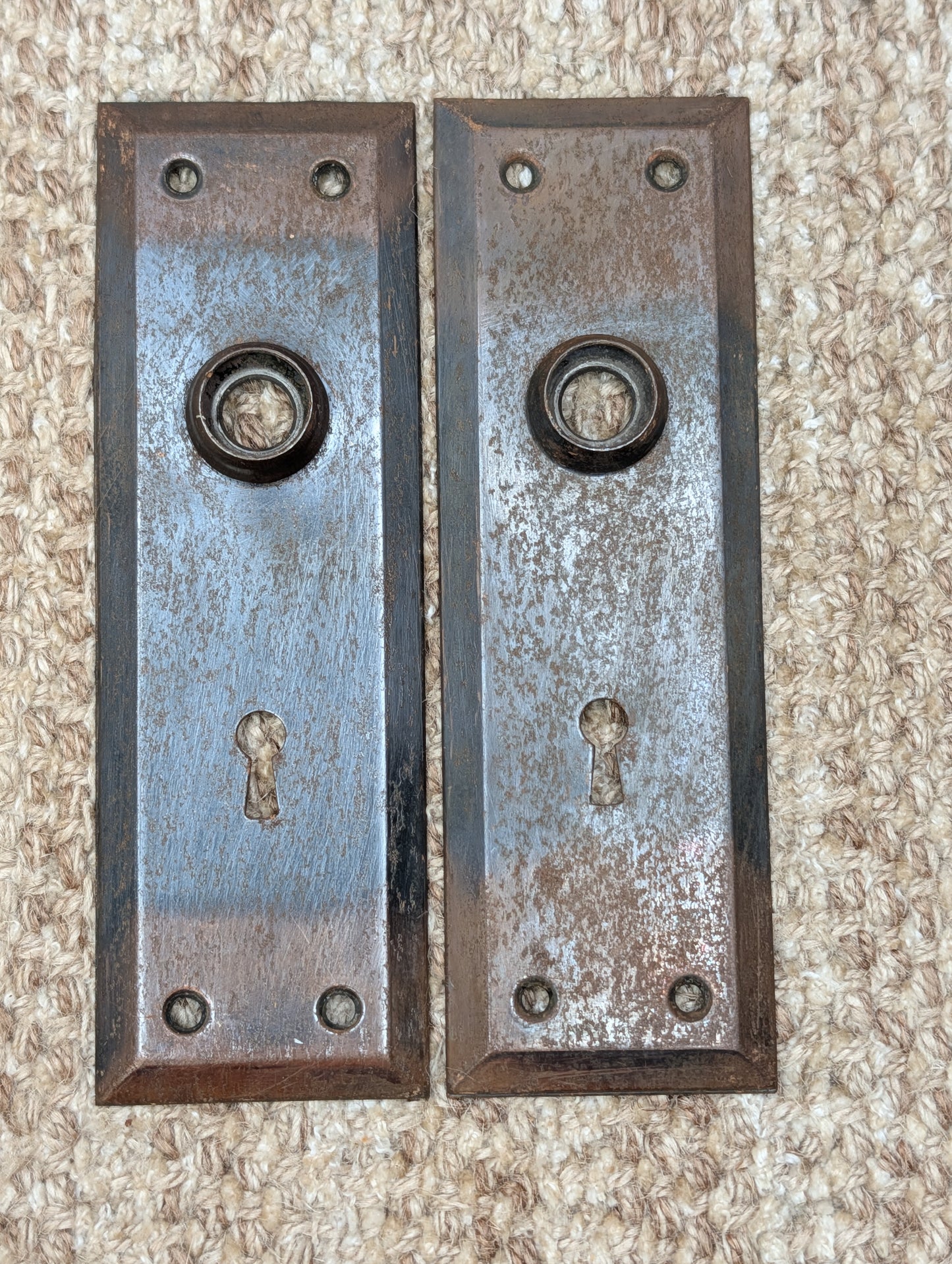 Pair 2 1/4" x 7" Antique Japanned Stamped Steel Door Knob Plates