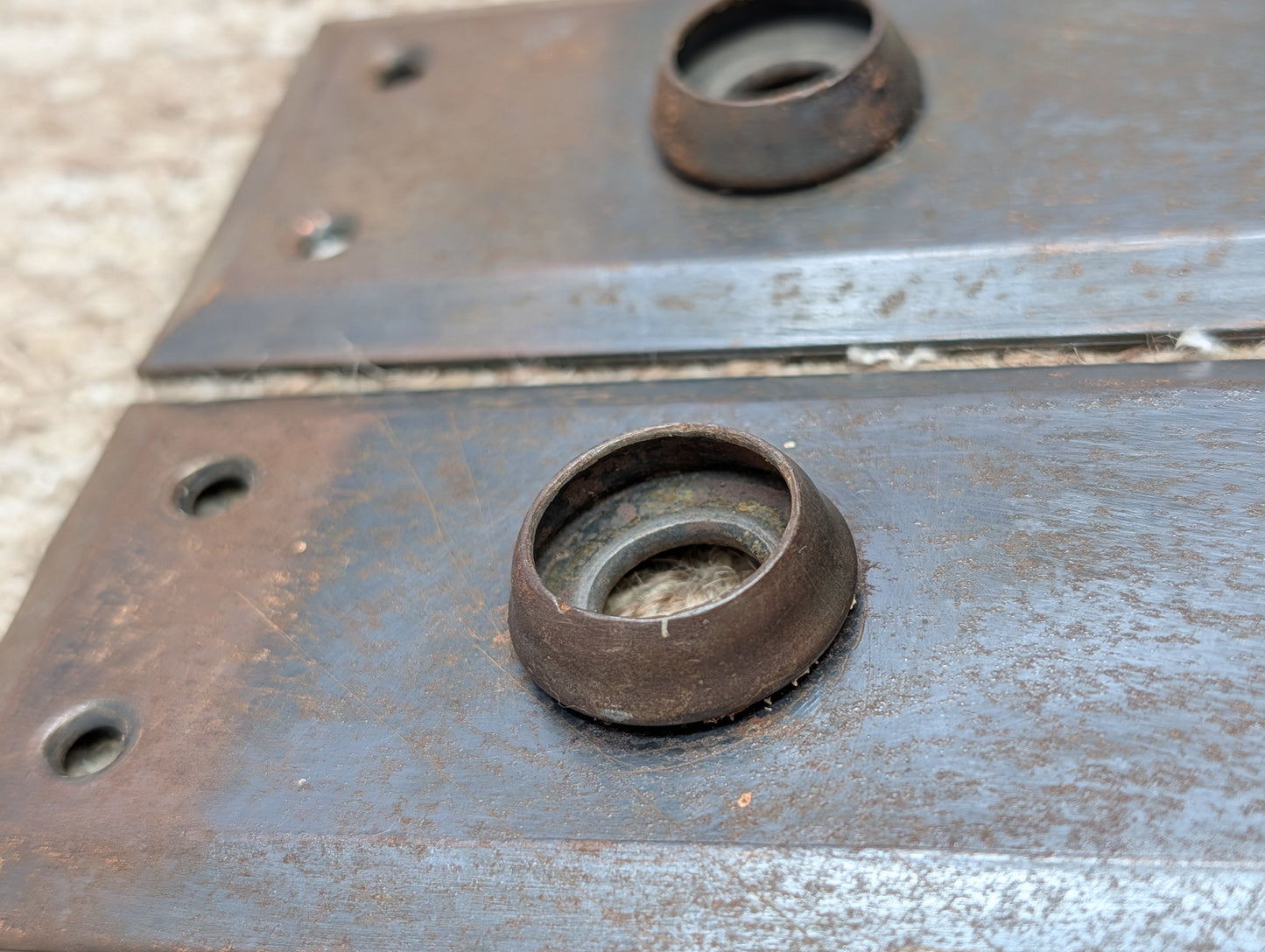 Pair 2 1/4" x 7" Antique Japanned Stamped Steel Door Knob Plates