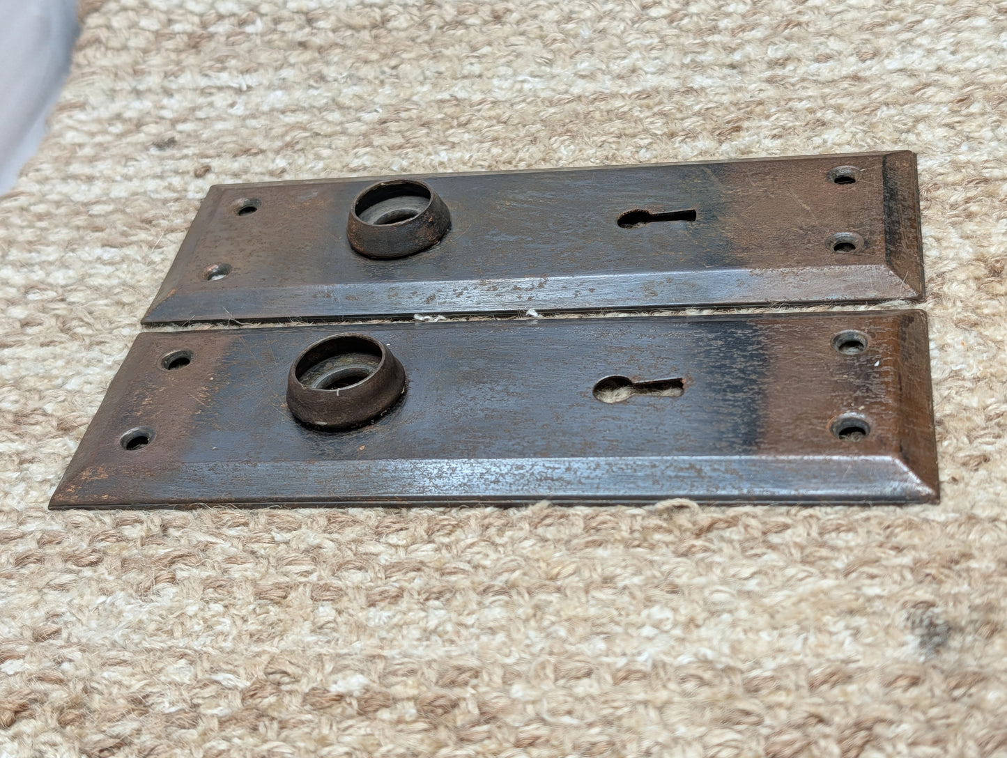 Pair 2 1/4" x 7" Antique Japanned Stamped Steel Door Knob Plates