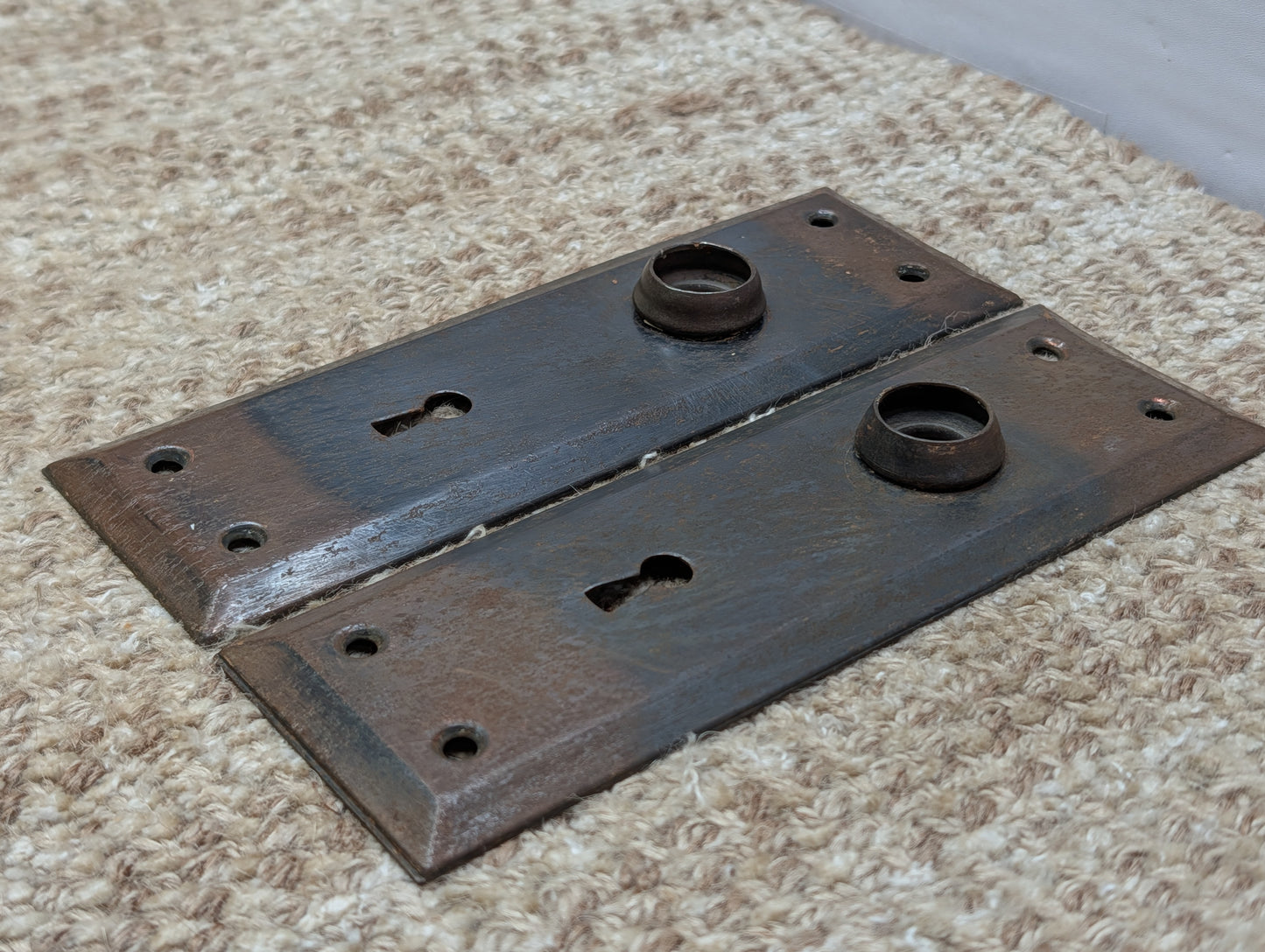 Pair 2 1/4" x 7" Antique Japanned Stamped Steel Door Knob Plates