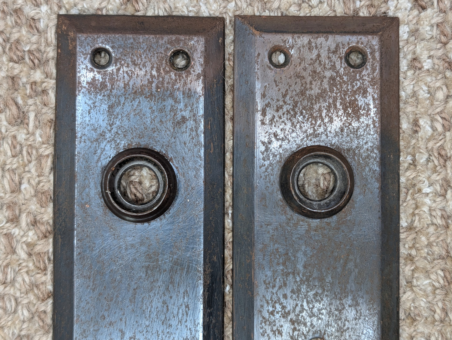 Pair 2 1/4" x 7" Antique Japanned Stamped Steel Door Knob Plates