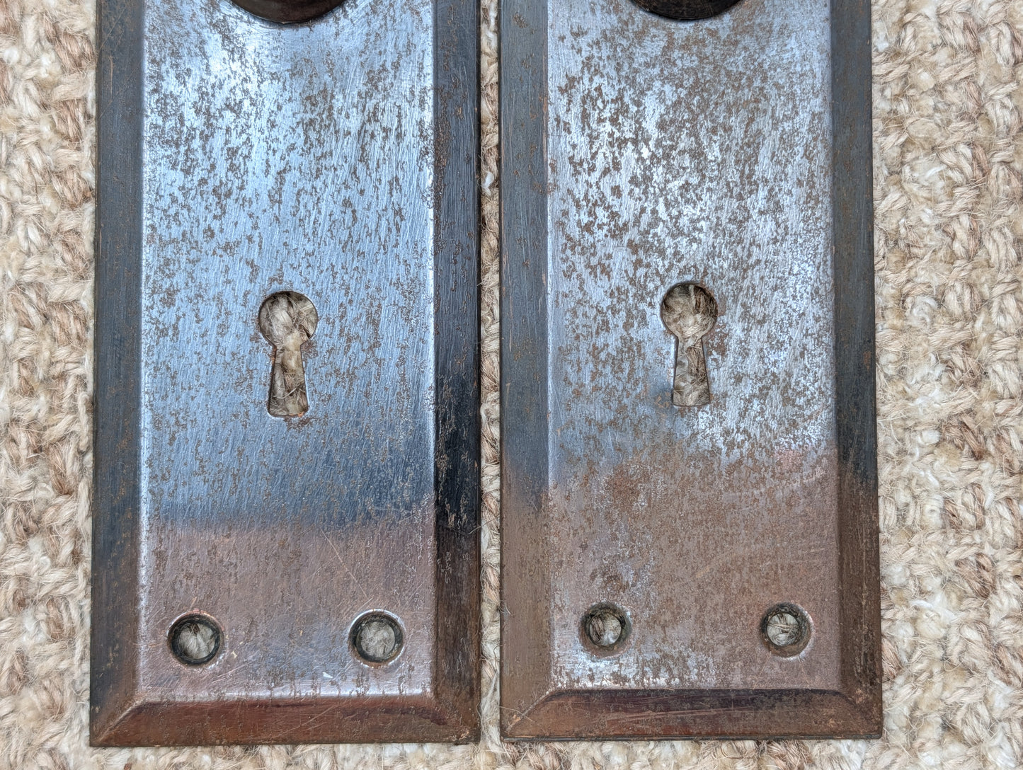 Pair 2 1/4" x 7" Antique Japanned Stamped Steel Door Knob Plates