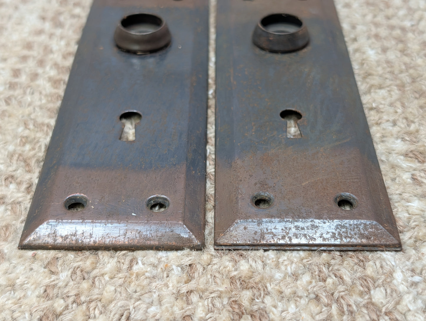 Pair 2 1/4" x 7" Antique Japanned Stamped Steel Door Knob Plates