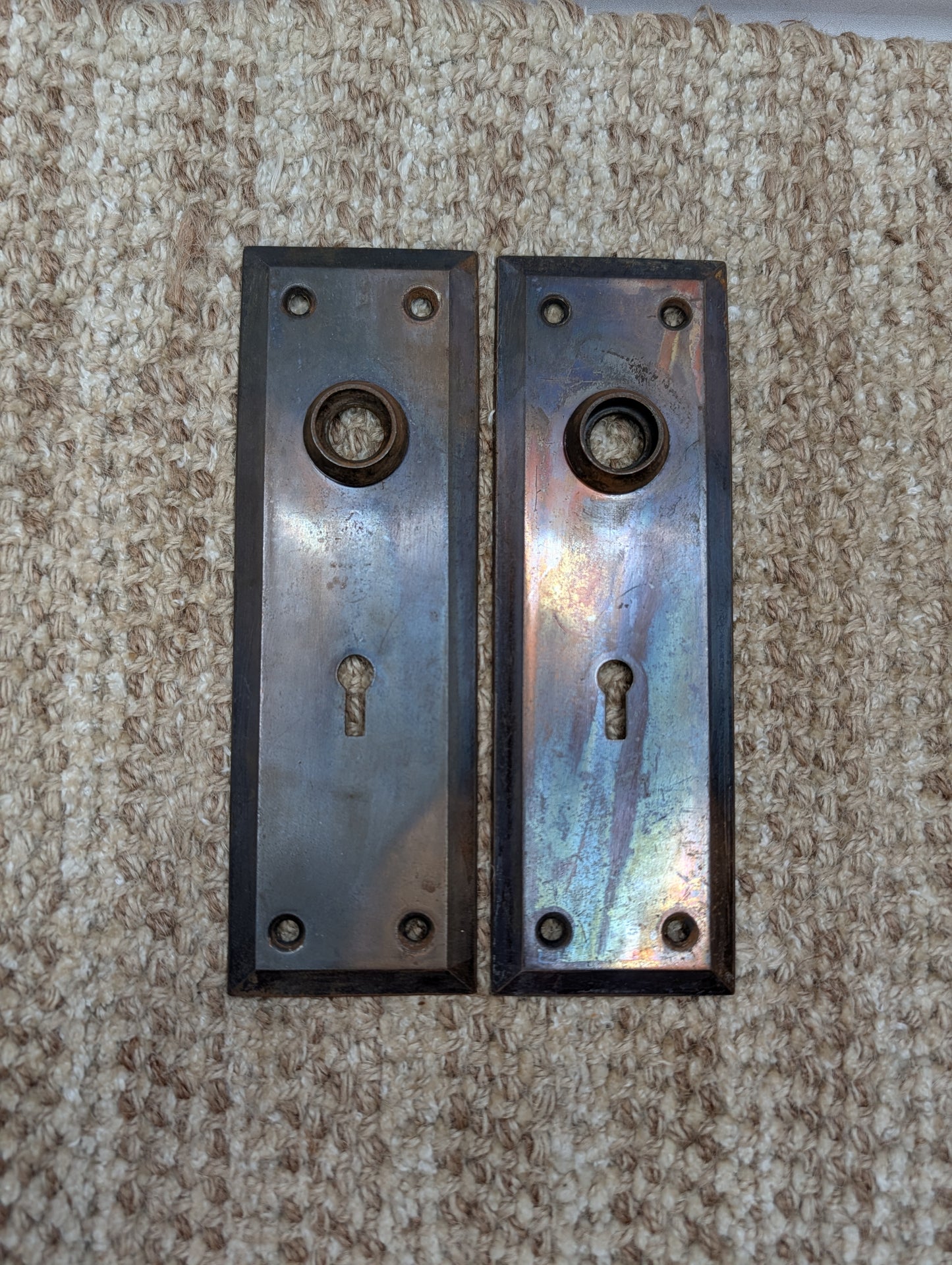 Pair 2 1/4" x 7" Antique Japanned Stamped Steel Door Knob Plates