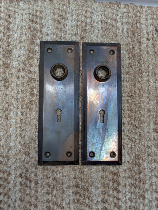 Pair 2 1/4" x 7" Antique Japanned Stamped Steel Door Knob Plates