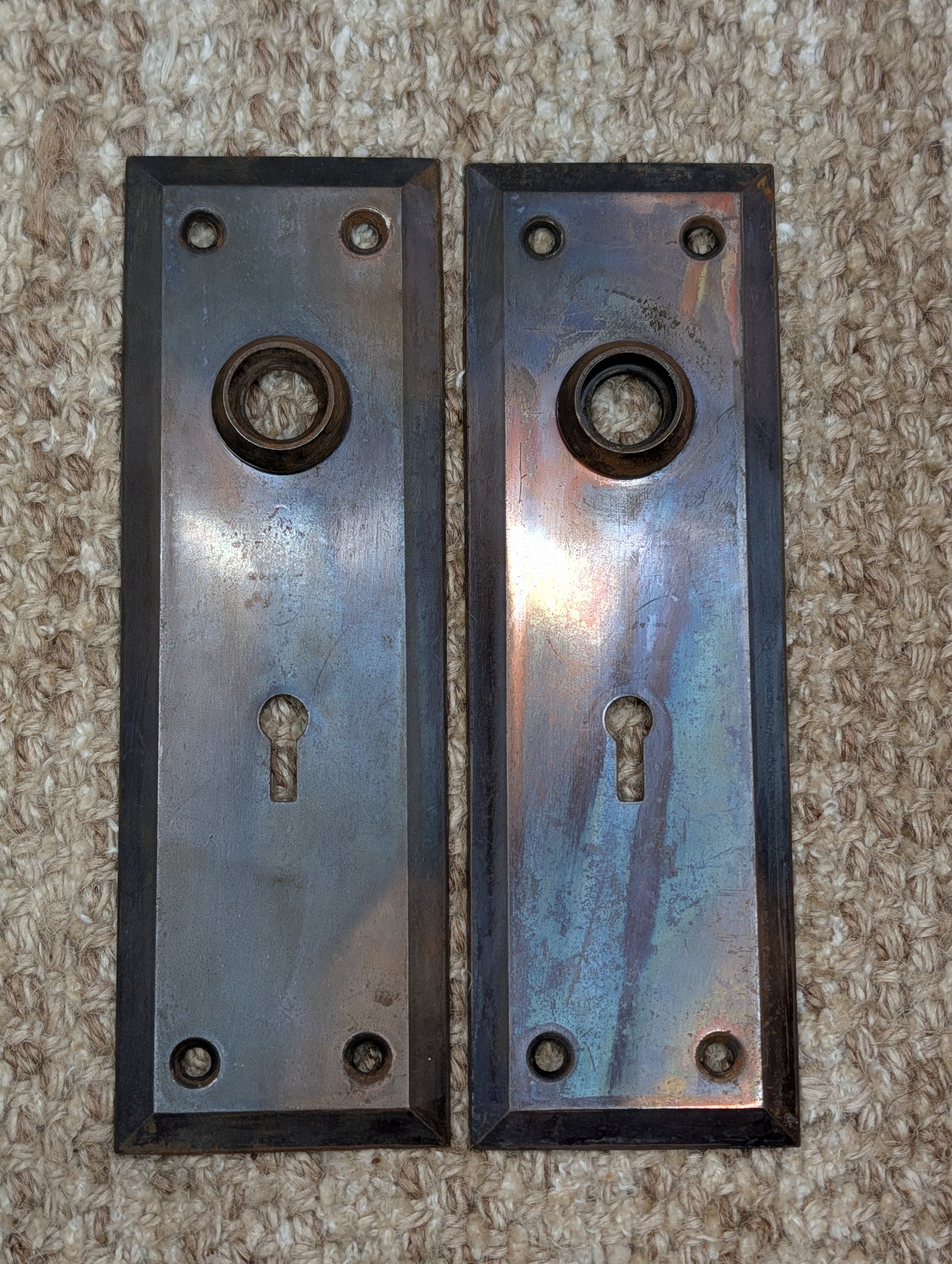 Pair 2 1/4" x 7" Antique Japanned Stamped Steel Door Knob Plates