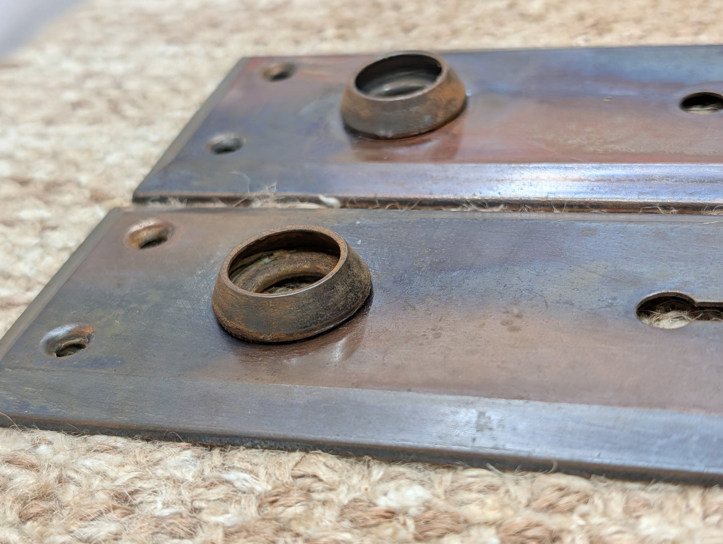 Pair 2 1/4" x 7" Antique Japanned Stamped Steel Door Knob Plates