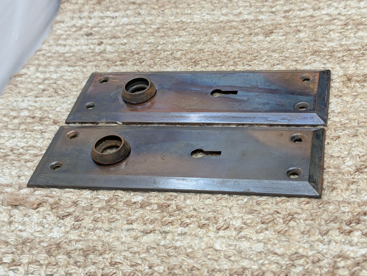 Pair 2 1/4" x 7" Antique Japanned Stamped Steel Door Knob Plates