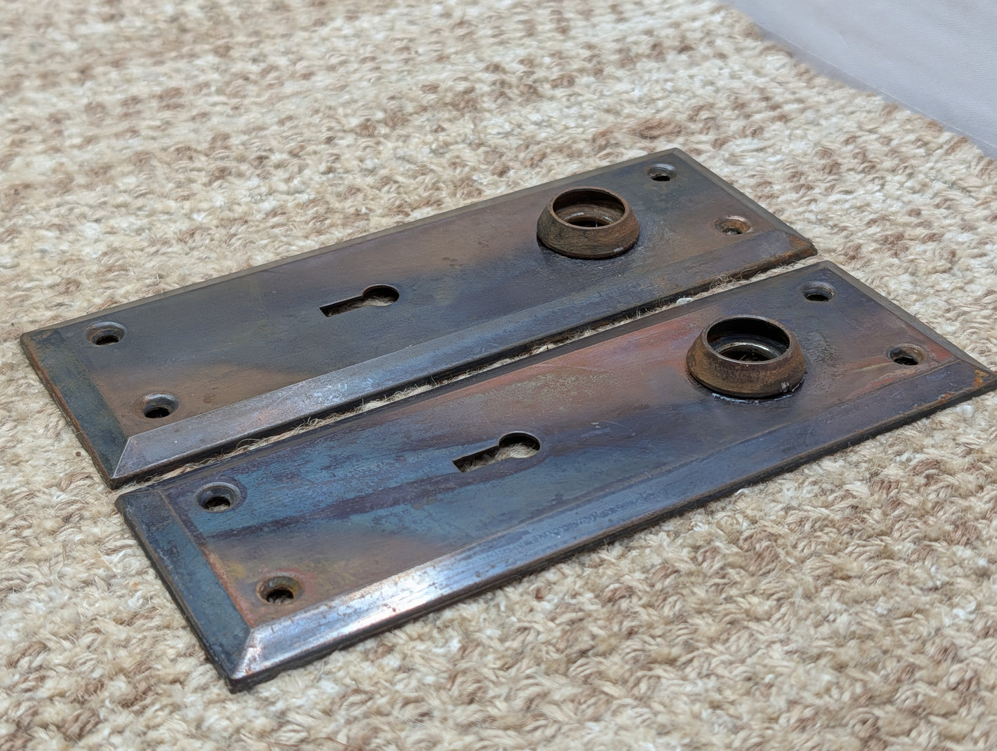 Pair 2 1/4" x 7" Antique Japanned Stamped Steel Door Knob Plates