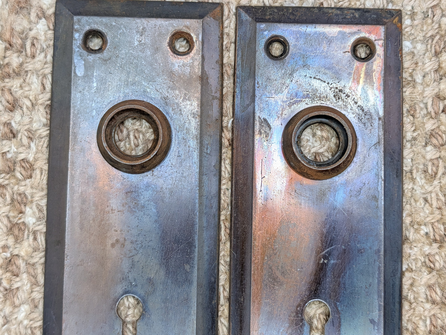 Pair 2 1/4" x 7" Antique Japanned Stamped Steel Door Knob Plates