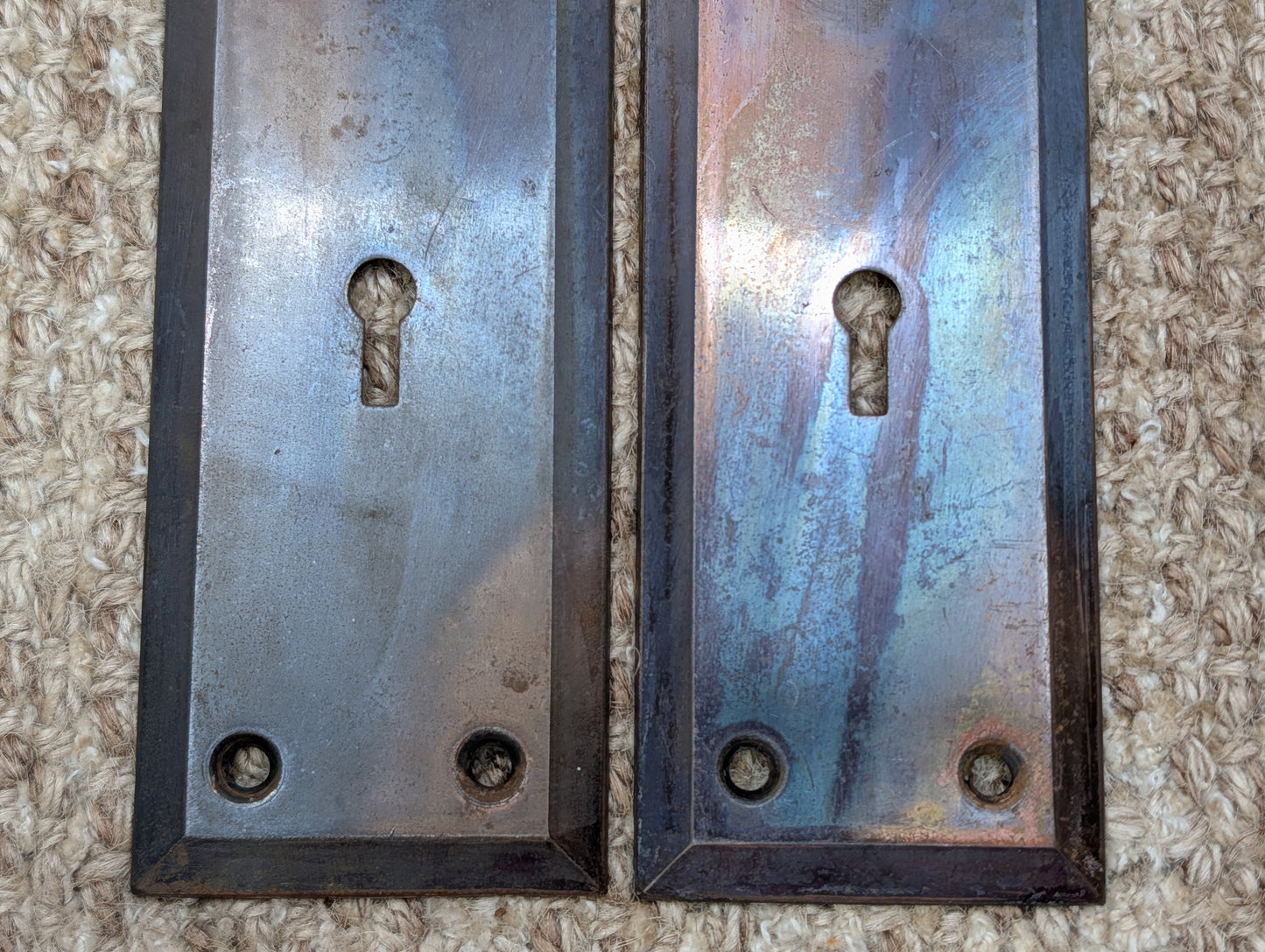 Pair 2 1/4" x 7" Antique Japanned Stamped Steel Door Knob Plates