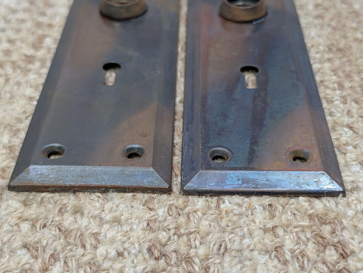 Pair 2 1/4" x 7" Antique Japanned Stamped Steel Door Knob Plates