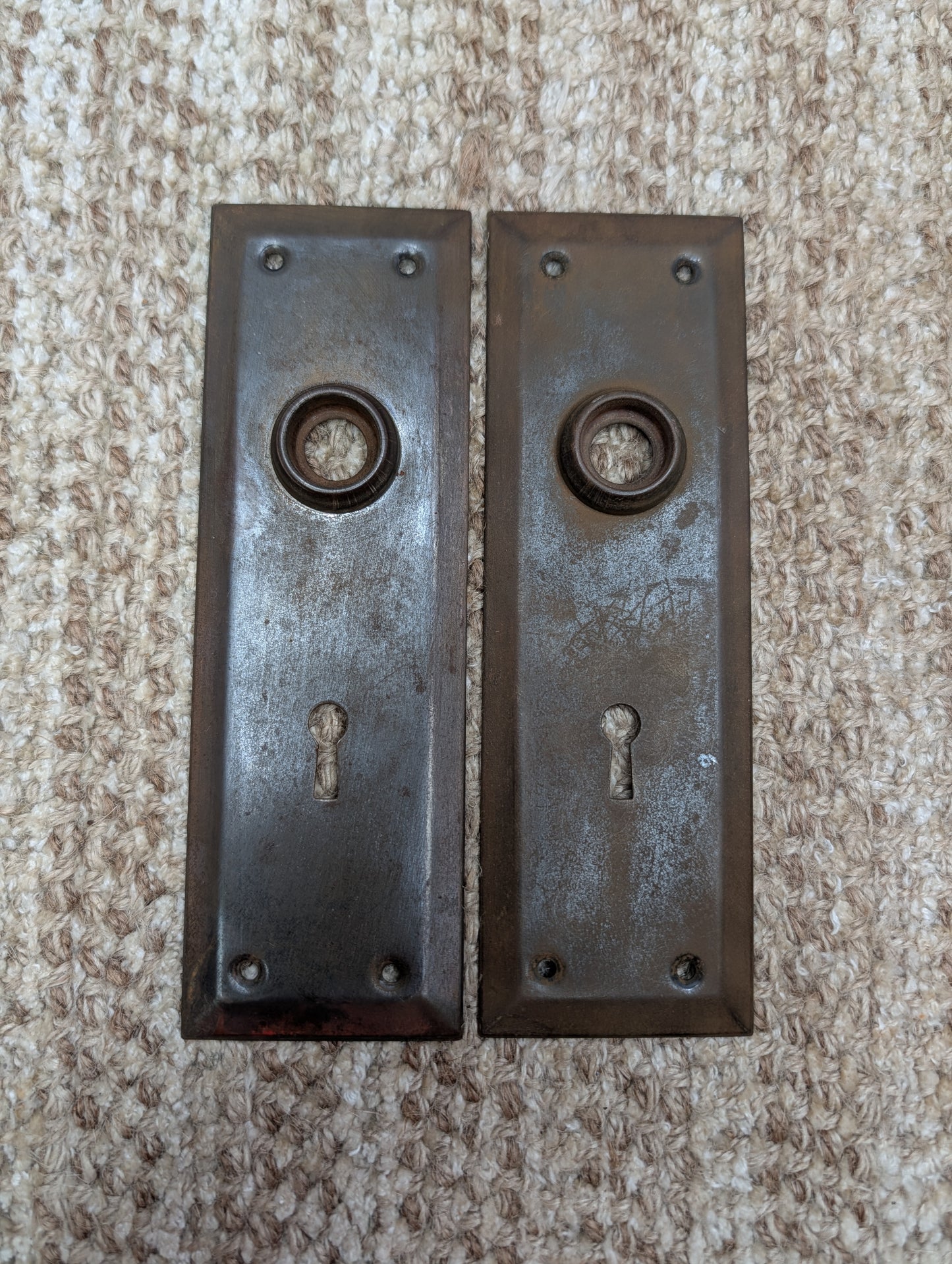 Pair 2 1/4" x 7" Antique Stamped Steel Door Knob Plates