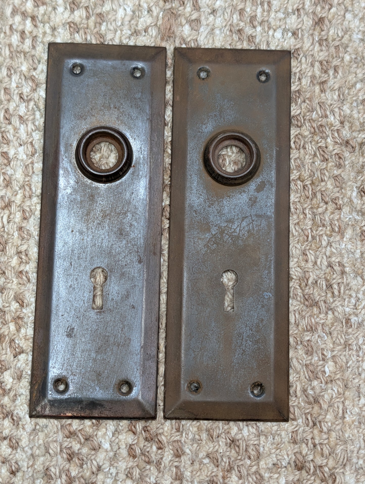 Pair 2 1/4" x 7" Antique Stamped Steel Door Knob Plates
