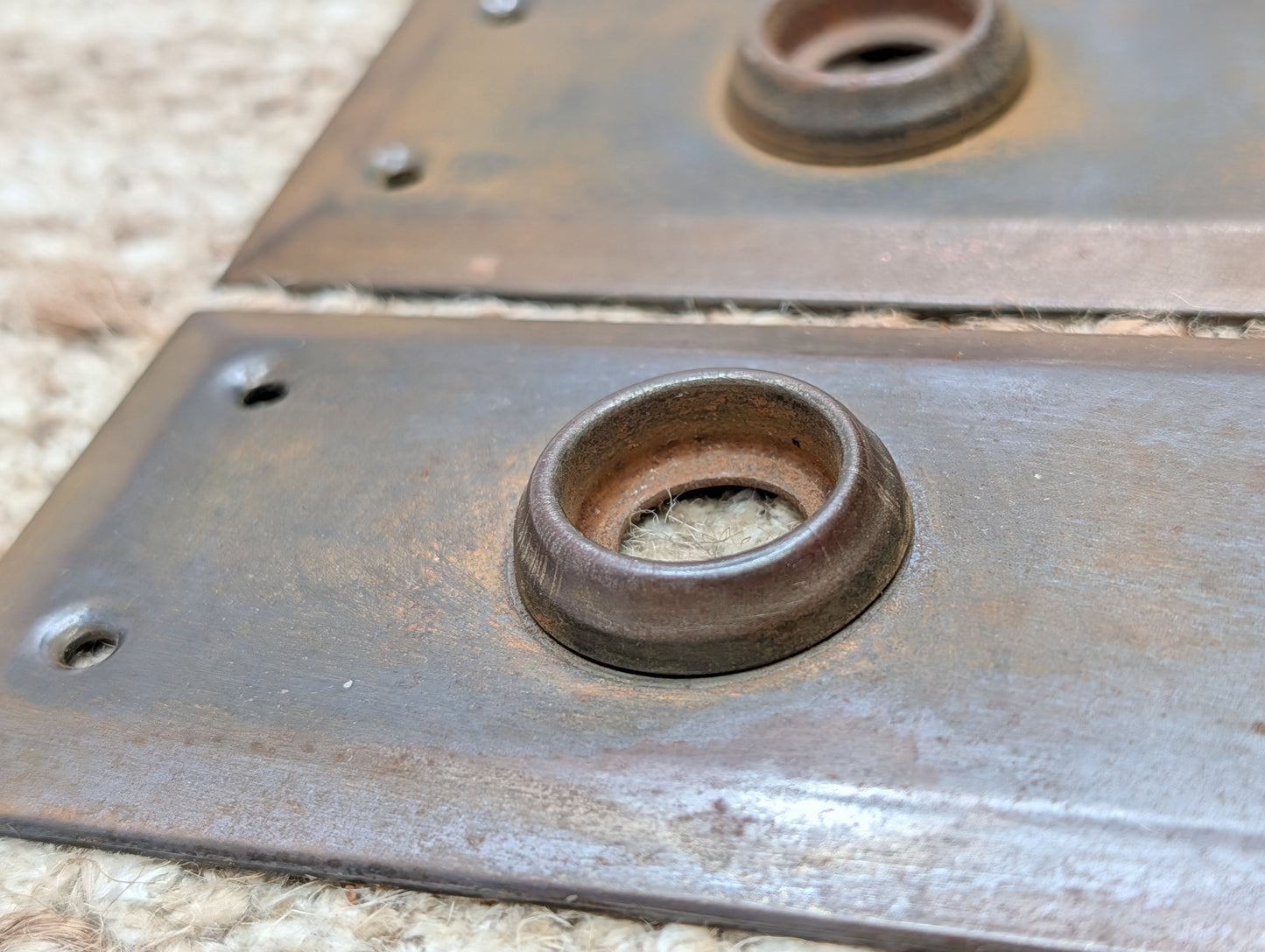 Pair 2 1/4" x 7" Antique Stamped Steel Door Knob Plates
