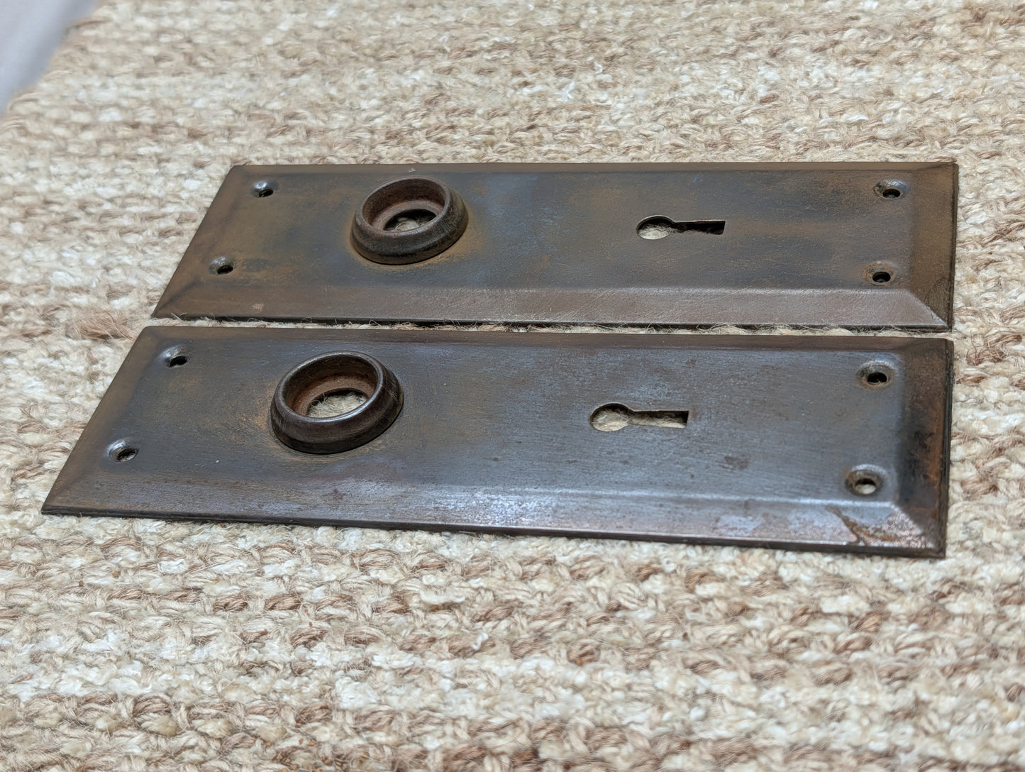 Pair 2 1/4" x 7" Antique Stamped Steel Door Knob Plates