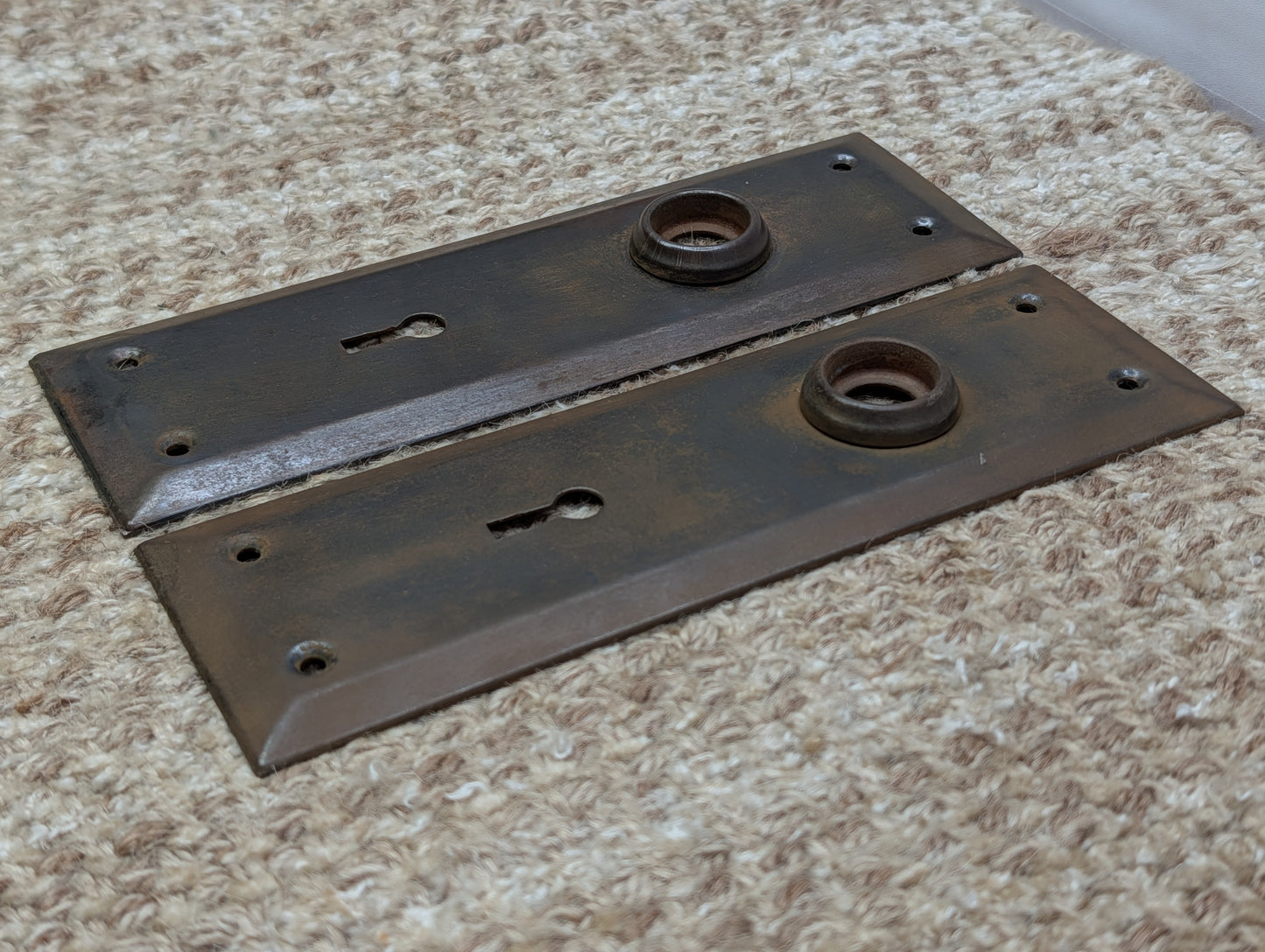 Pair 2 1/4" x 7" Antique Stamped Steel Door Knob Plates