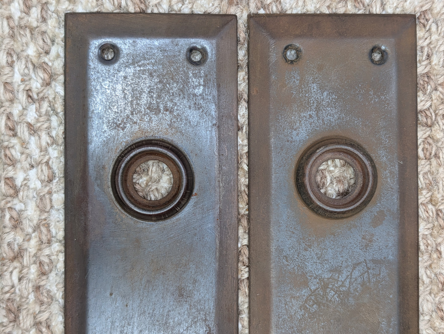 Pair 2 1/4" x 7" Antique Stamped Steel Door Knob Plates
