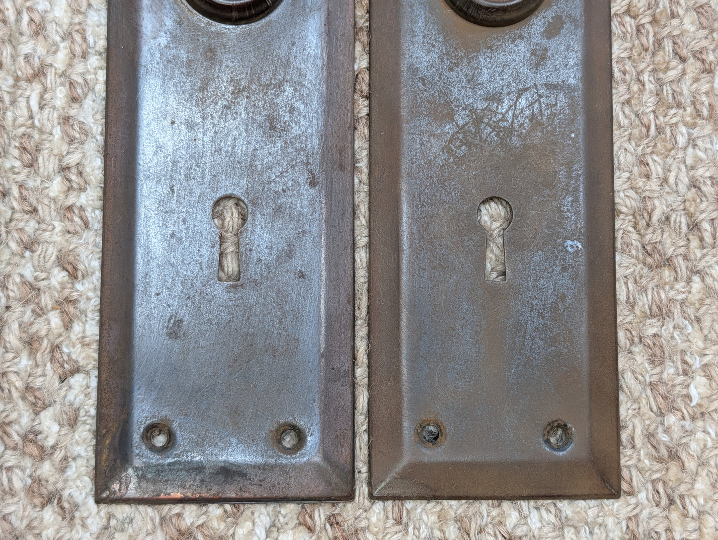 Pair 2 1/4" x 7" Antique Stamped Steel Door Knob Plates