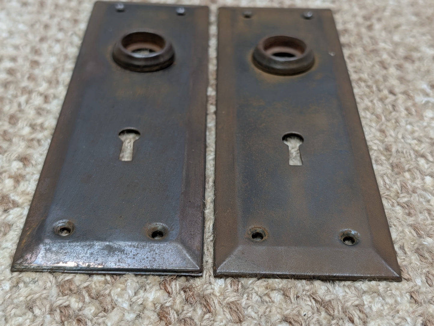 Pair 2 1/4" x 7" Antique Stamped Steel Door Knob Plates