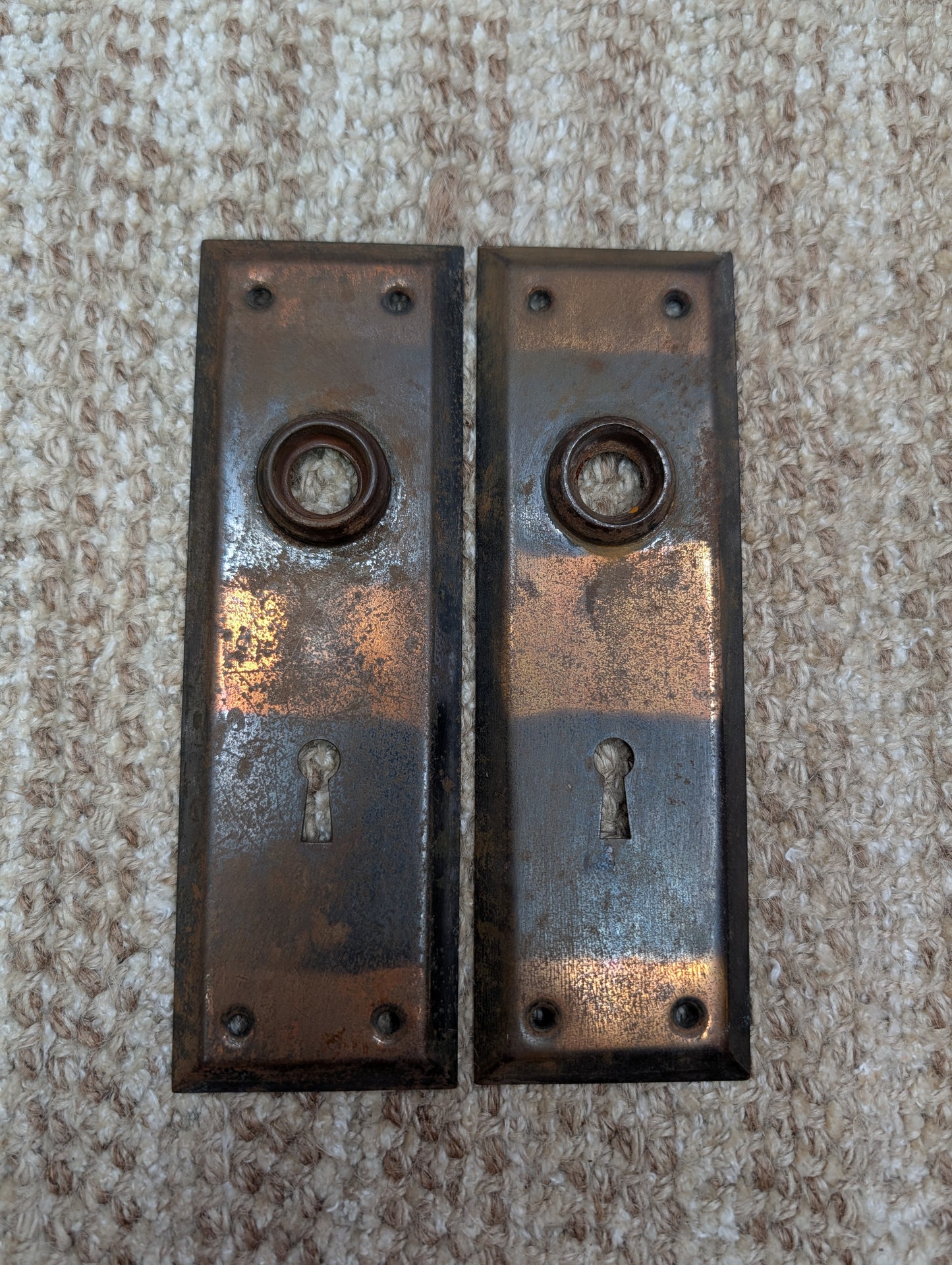 Pair 2 1/4" x 7" Antique Japanned Stamped Steel Door Knob Plates
