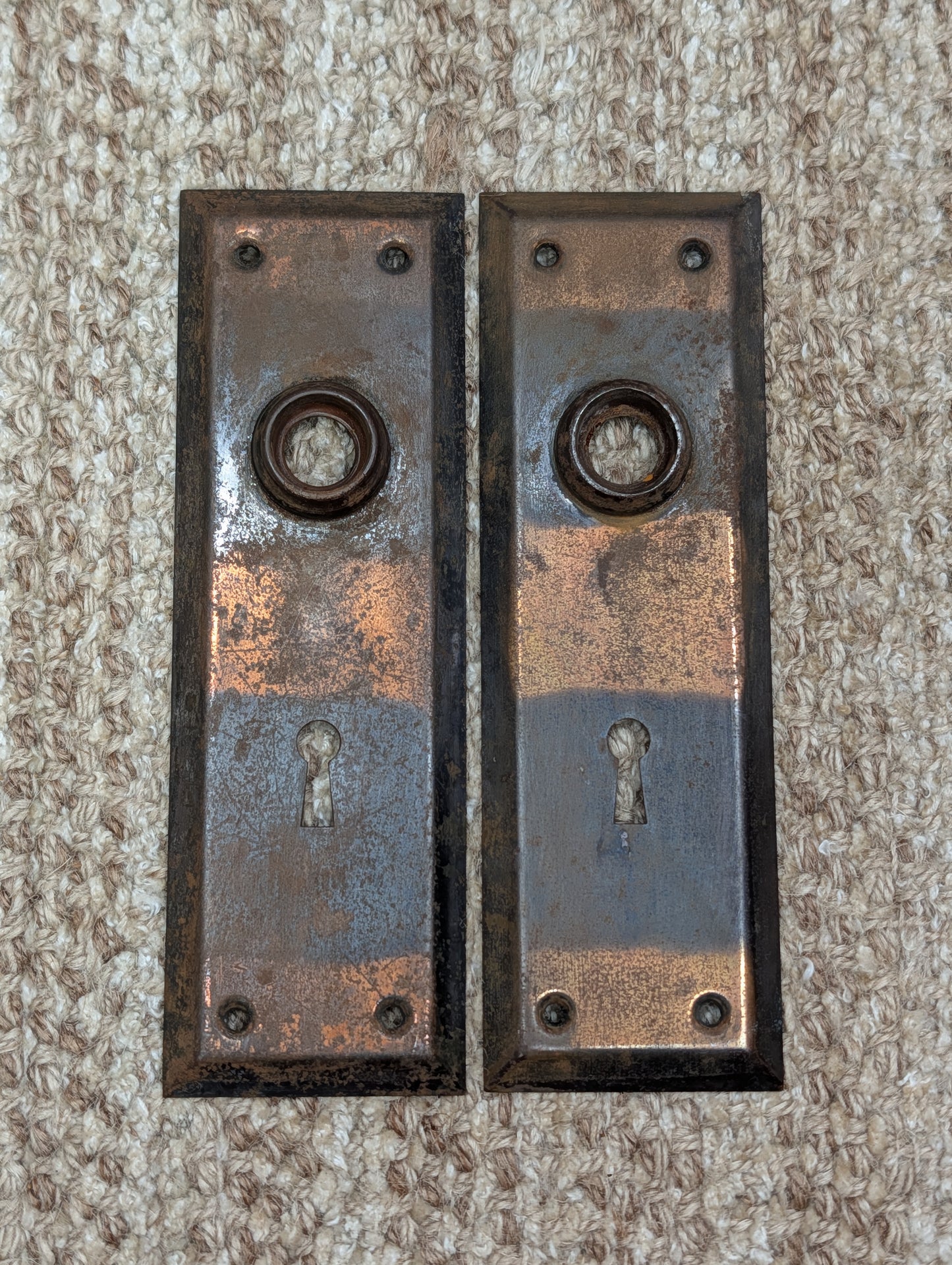 Pair 2 1/4" x 7" Antique Japanned Stamped Steel Door Knob Plates