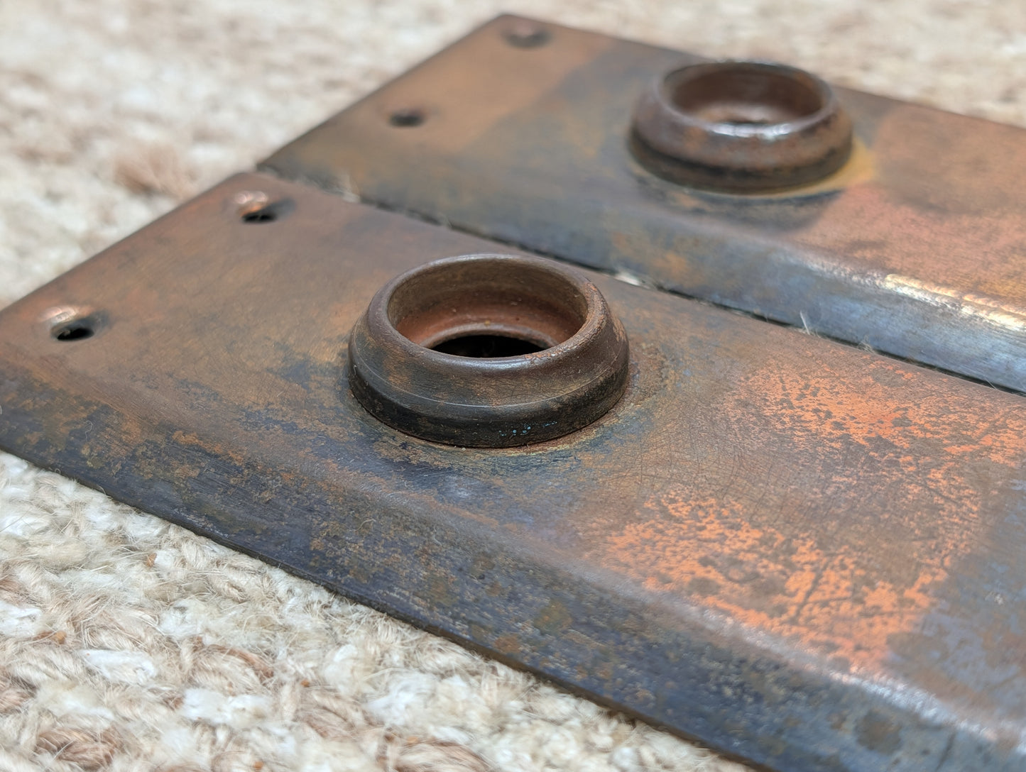 Pair 2 1/4" x 7" Antique Japanned Stamped Steel Door Knob Plates