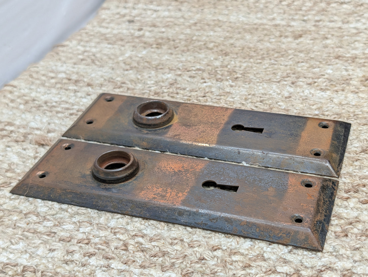 Pair 2 1/4" x 7" Antique Japanned Stamped Steel Door Knob Plates