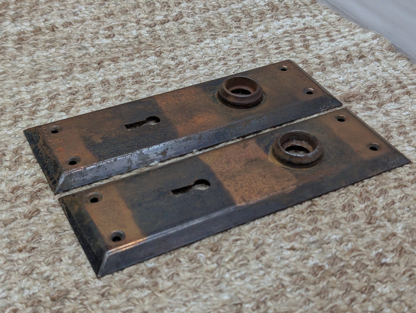 Pair 2 1/4" x 7" Antique Japanned Stamped Steel Door Knob Plates