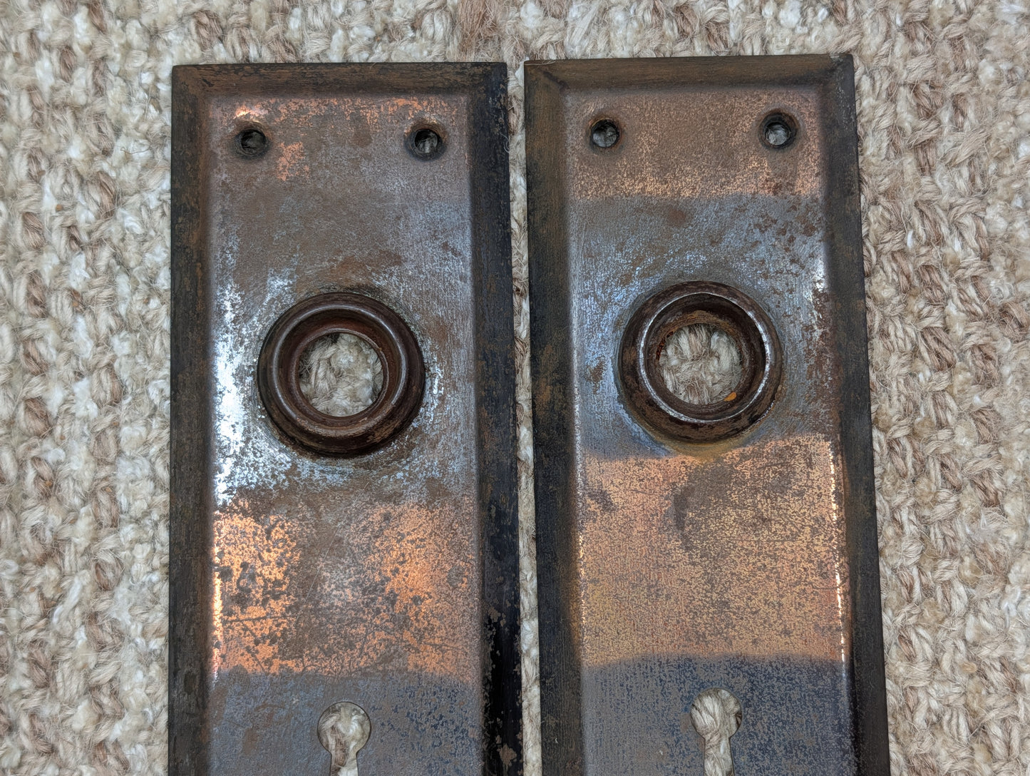 Pair 2 1/4" x 7" Antique Japanned Stamped Steel Door Knob Plates
