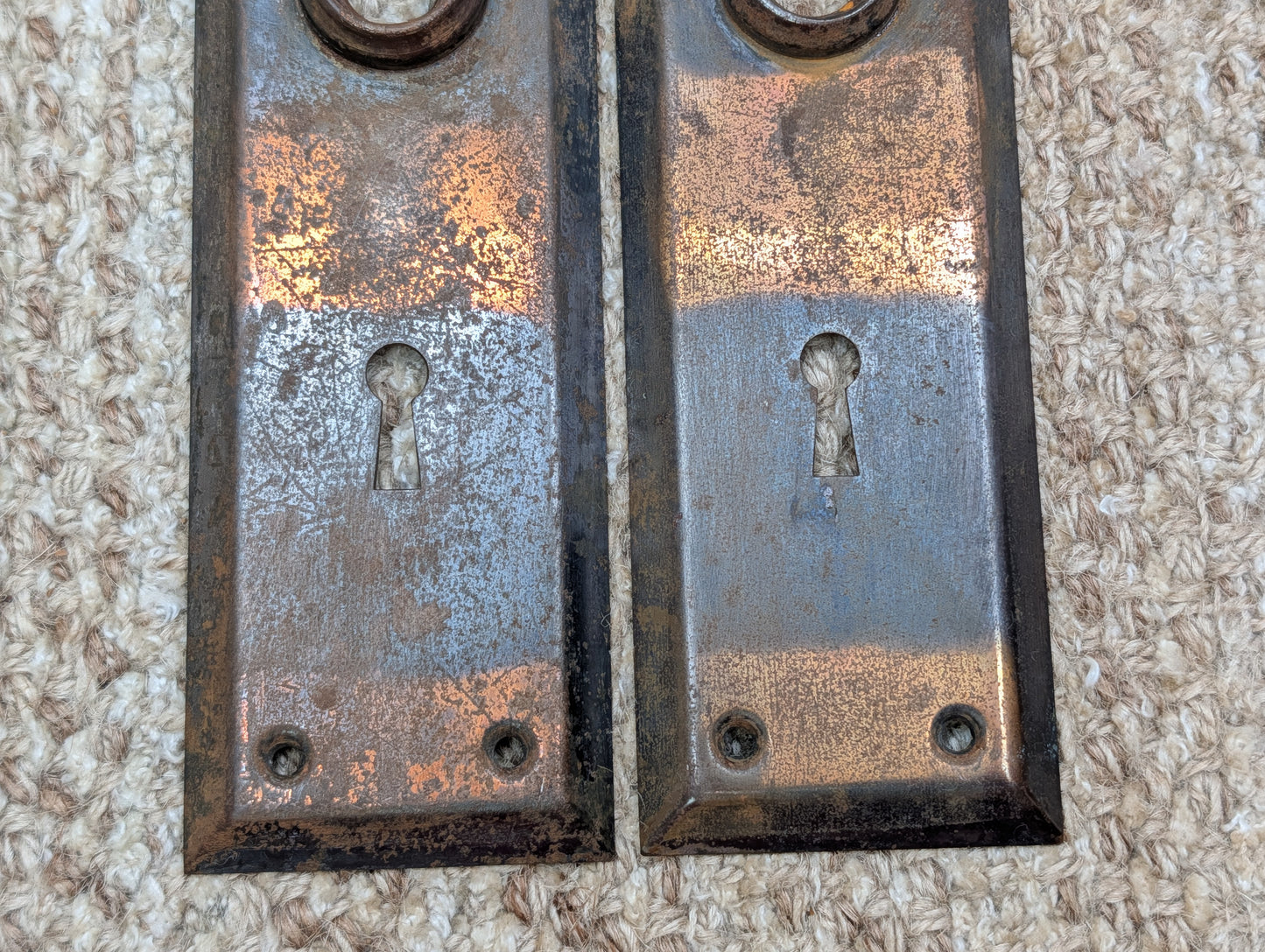 Pair 2 1/4" x 7" Antique Japanned Stamped Steel Door Knob Plates
