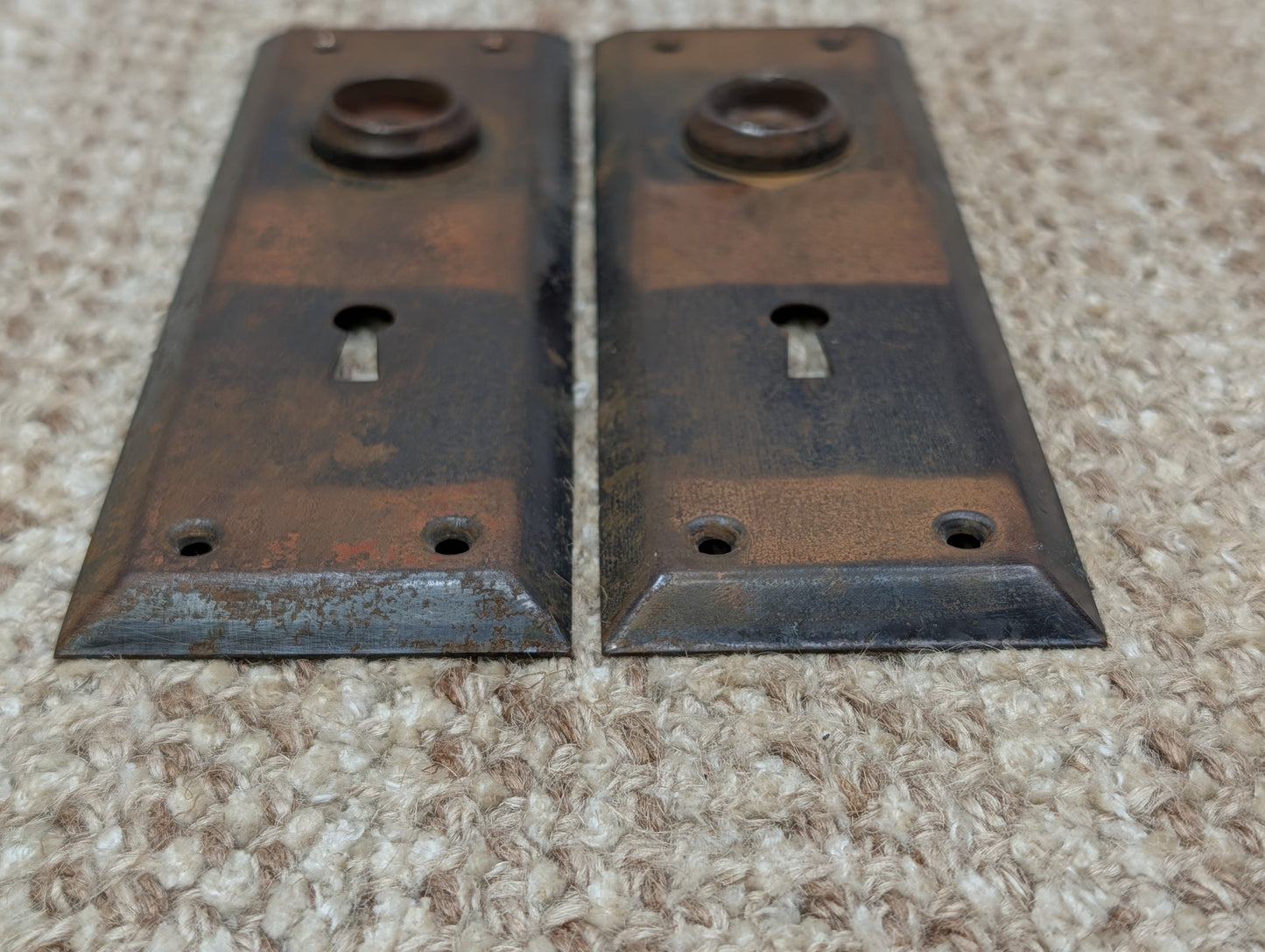 Pair 2 1/4" x 7" Antique Japanned Stamped Steel Door Knob Plates
