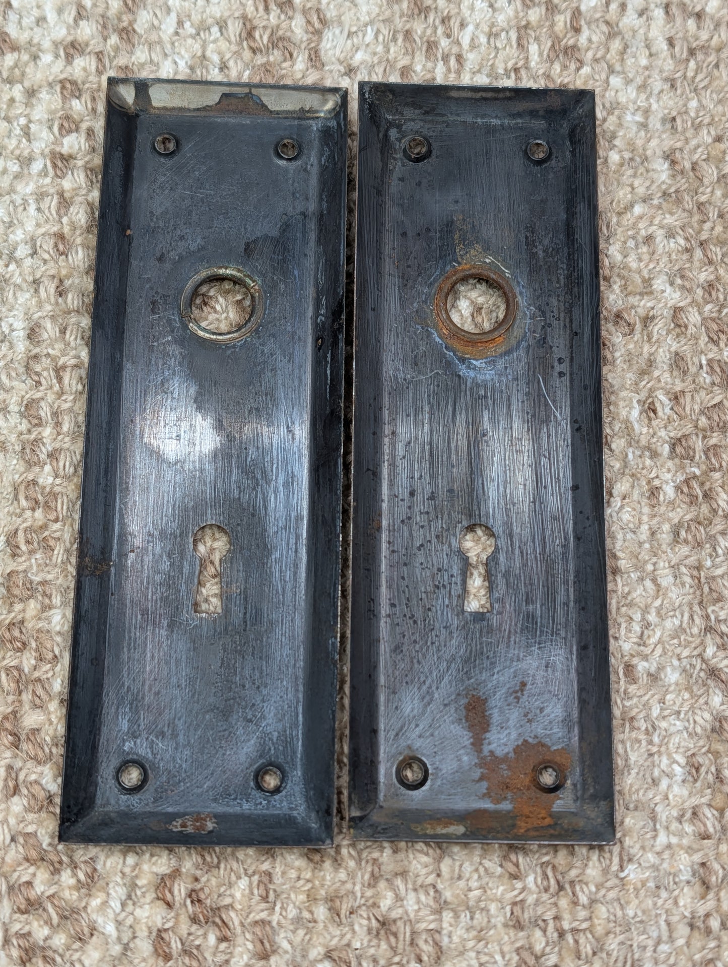 Pair 2 1/4" x 7" Antique Japanned Stamped Steel Door Knob Plates