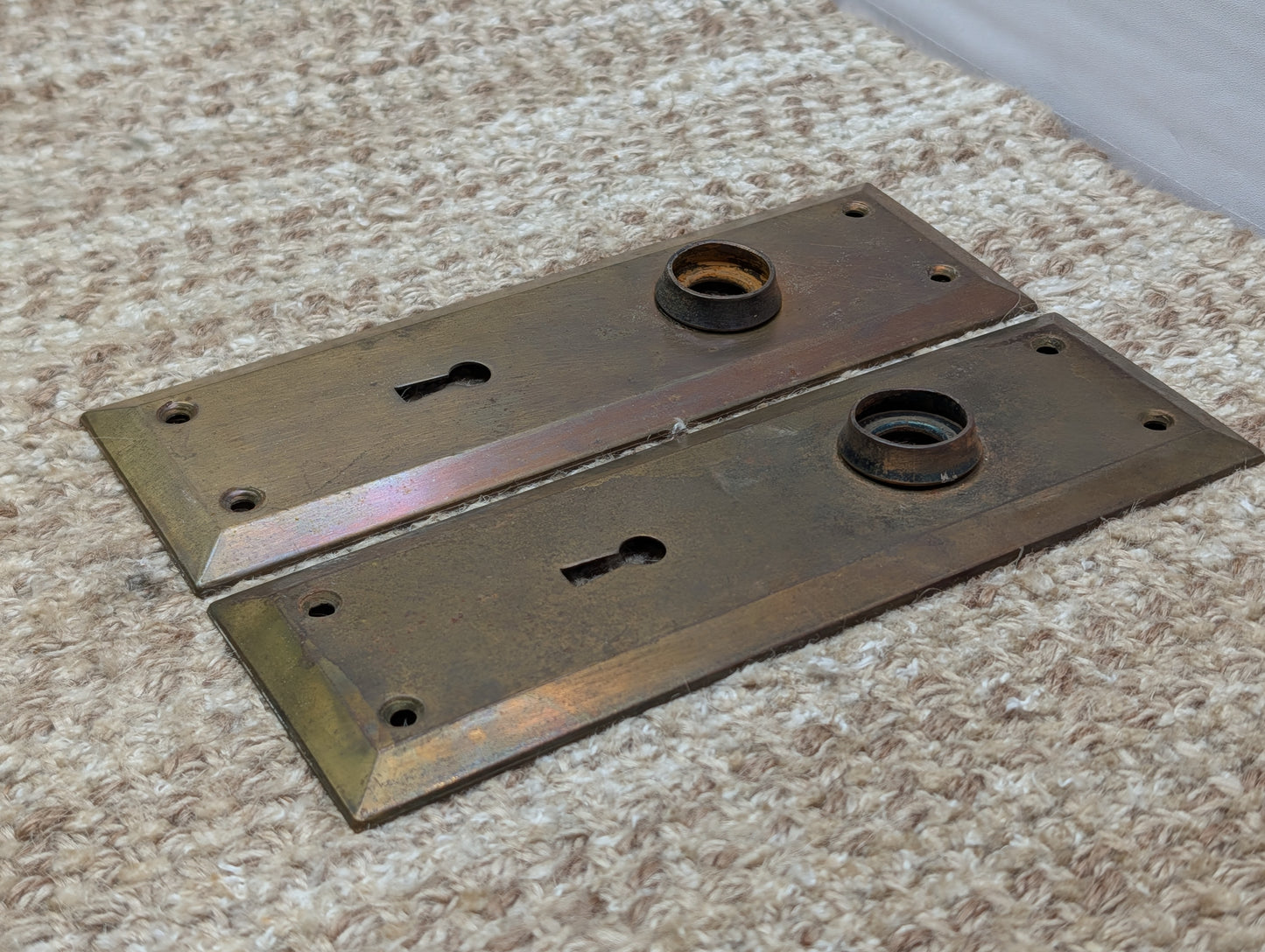 Pair 2 1/4" x 7 1/16" Antique Brass Plated Stamped Steel Door Knob Plates