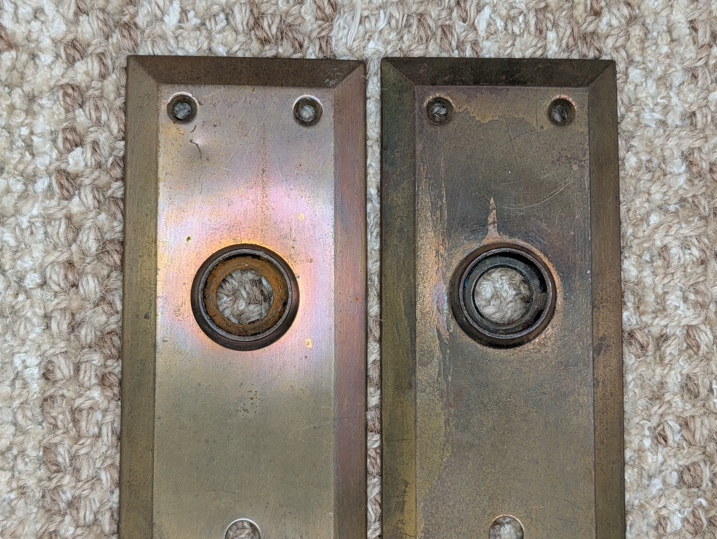 Pair 2 1/4" x 7 1/16" Antique Brass Plated Stamped Steel Door Knob Plates