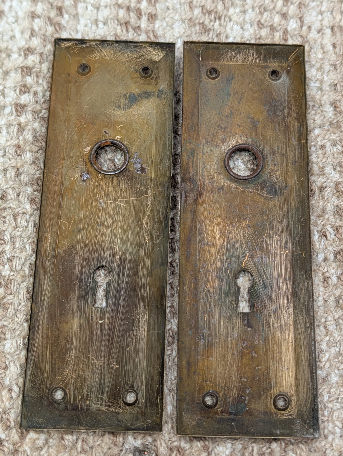 Pair 2 1/4" x 7 1/16" Antique Brass Plated Stamped Steel Door Knob Plates