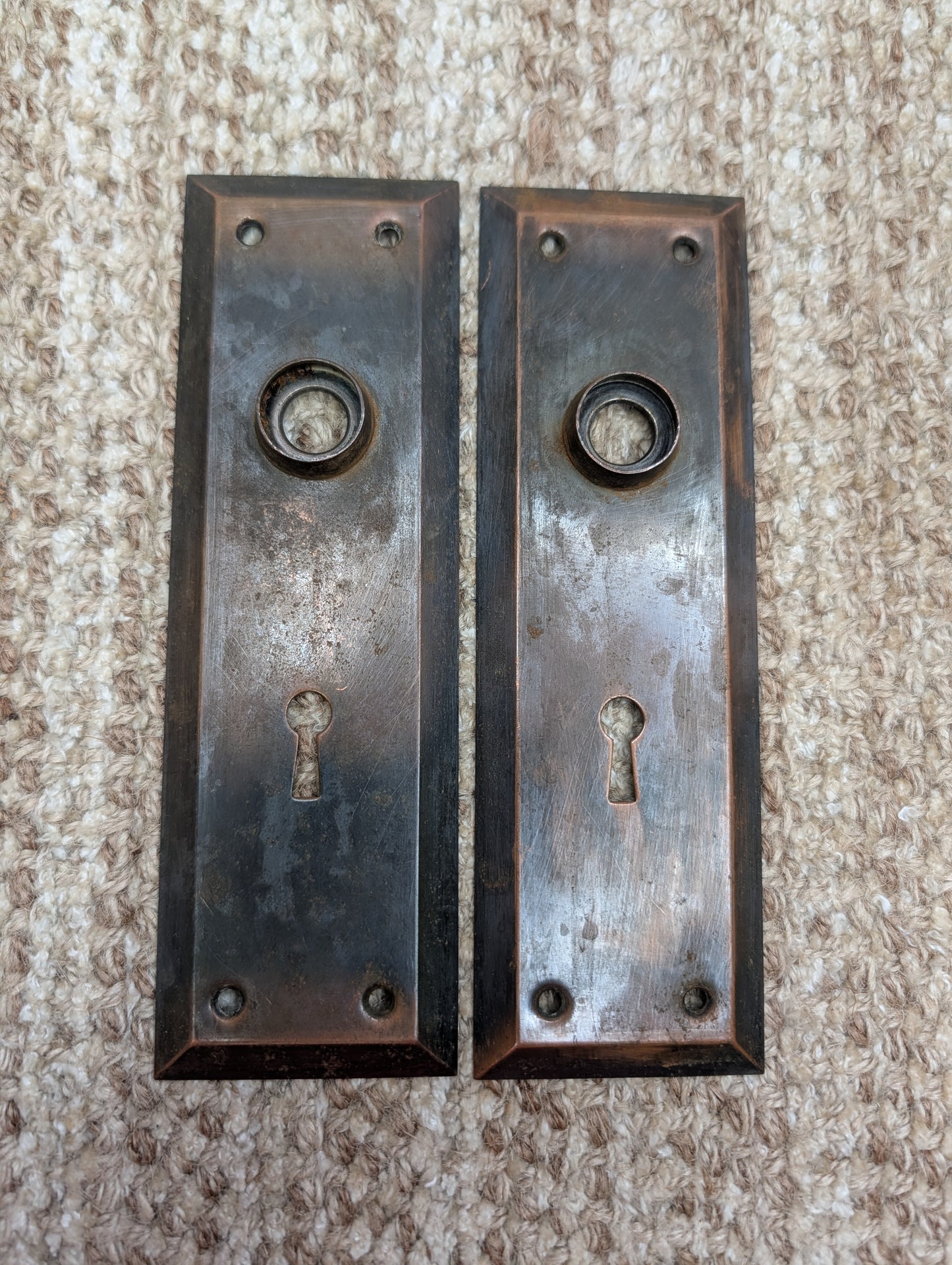 Pair 2 1/4" x 7 1/8" Antique Japanned Stamped Steel Door Knob Plates
