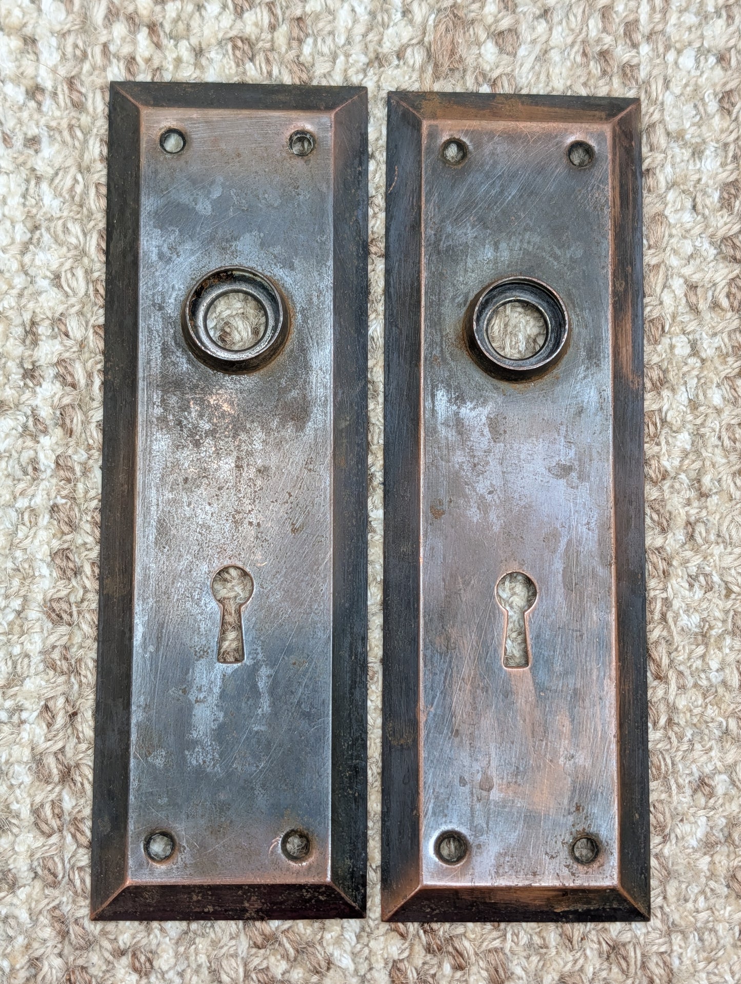 Pair 2 1/4" x 7 1/8" Antique Japanned Stamped Steel Door Knob Plates