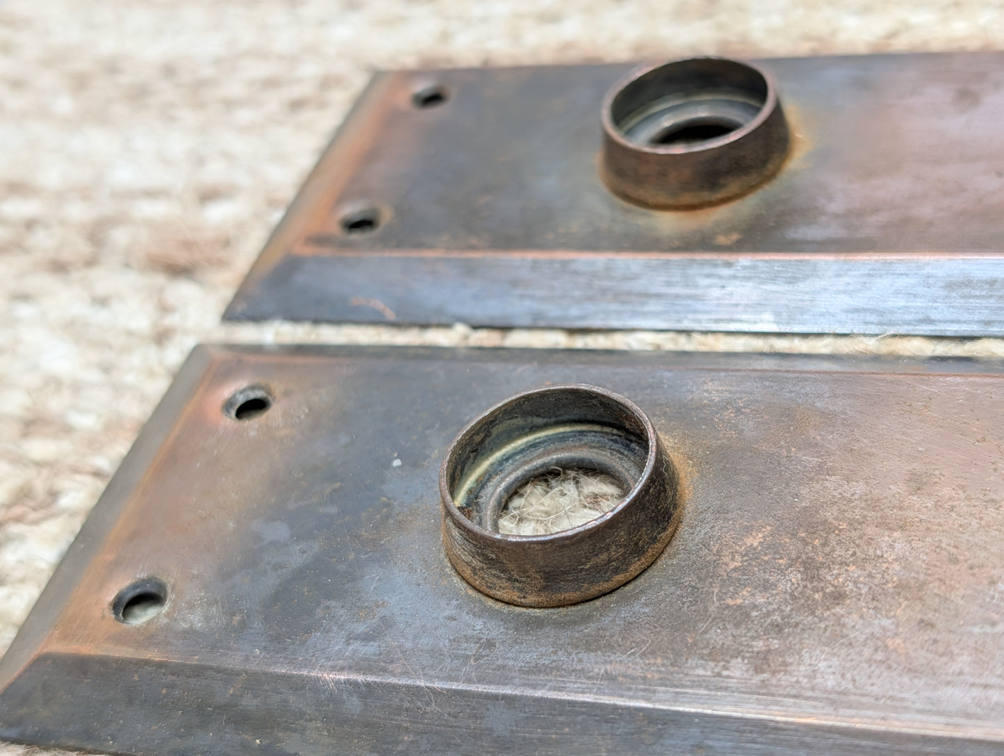 Pair 2 1/4" x 7 1/8" Antique Japanned Stamped Steel Door Knob Plates