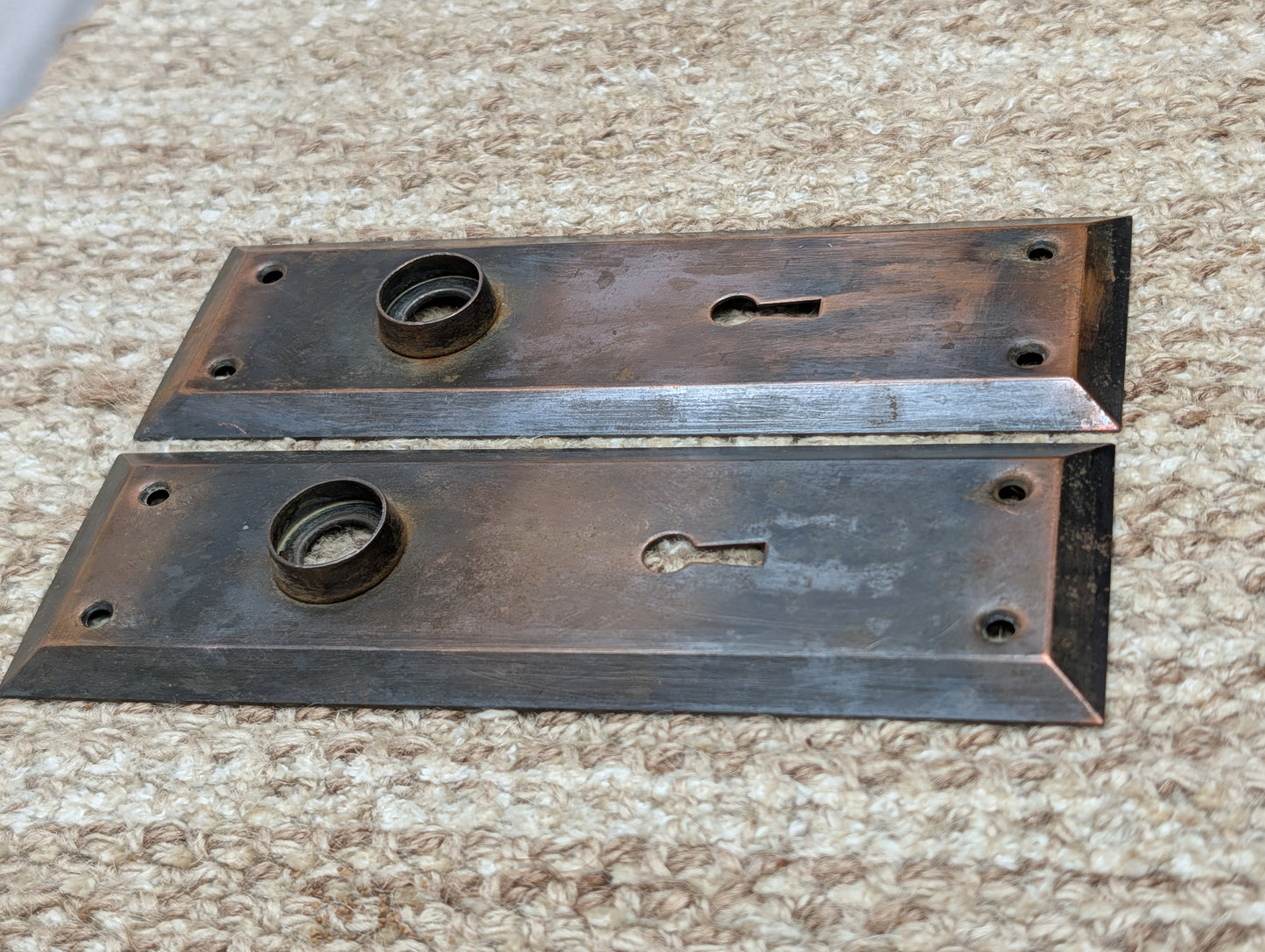 Pair 2 1/4" x 7 1/8" Antique Japanned Stamped Steel Door Knob Plates