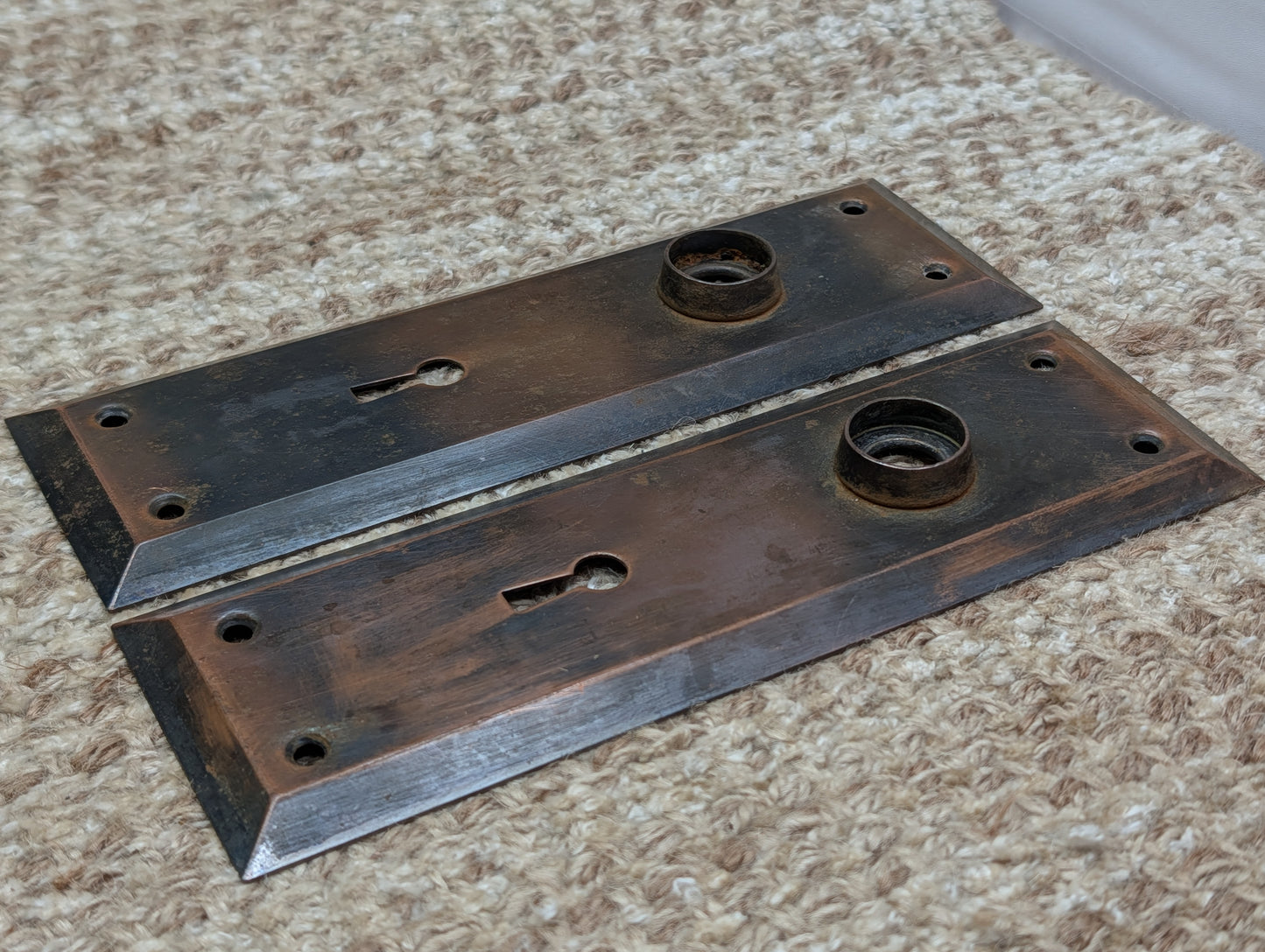 Pair 2 1/4" x 7 1/8" Antique Japanned Stamped Steel Door Knob Plates